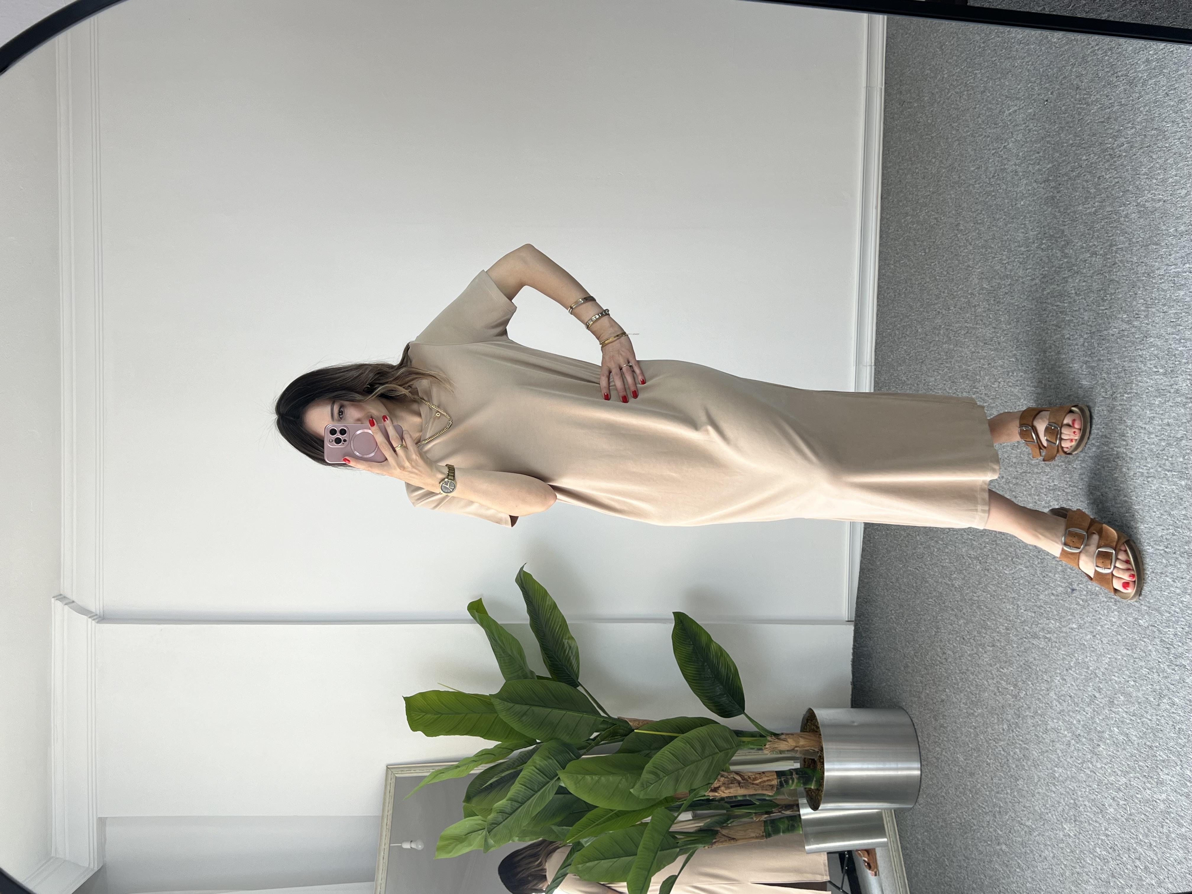 Modal Kumaş Krem Kısa Kollu Elbise