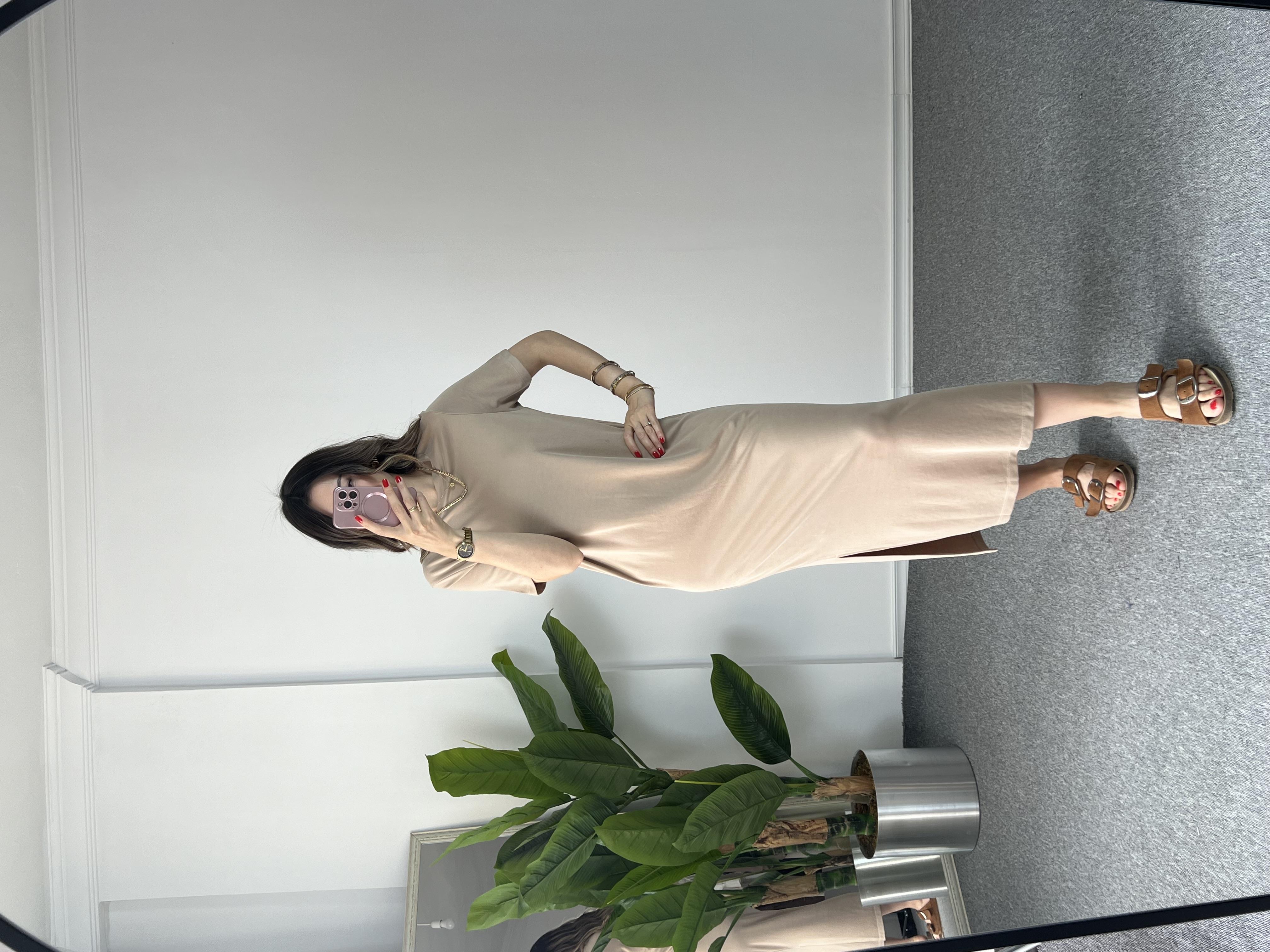 Modal Kumaş Krem Kısa Kollu Elbise