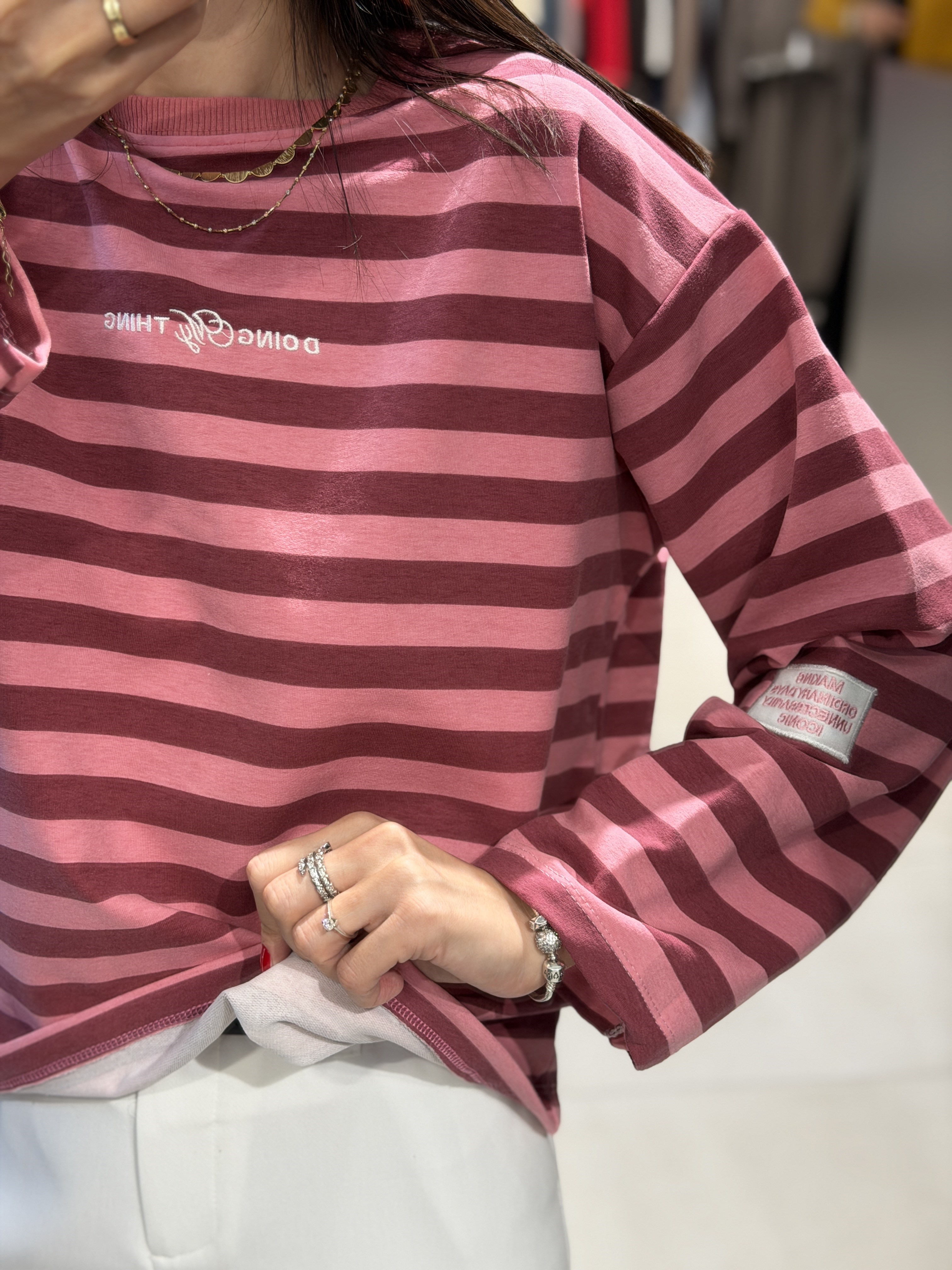 Nakış Çizgili Sweat PEMBE