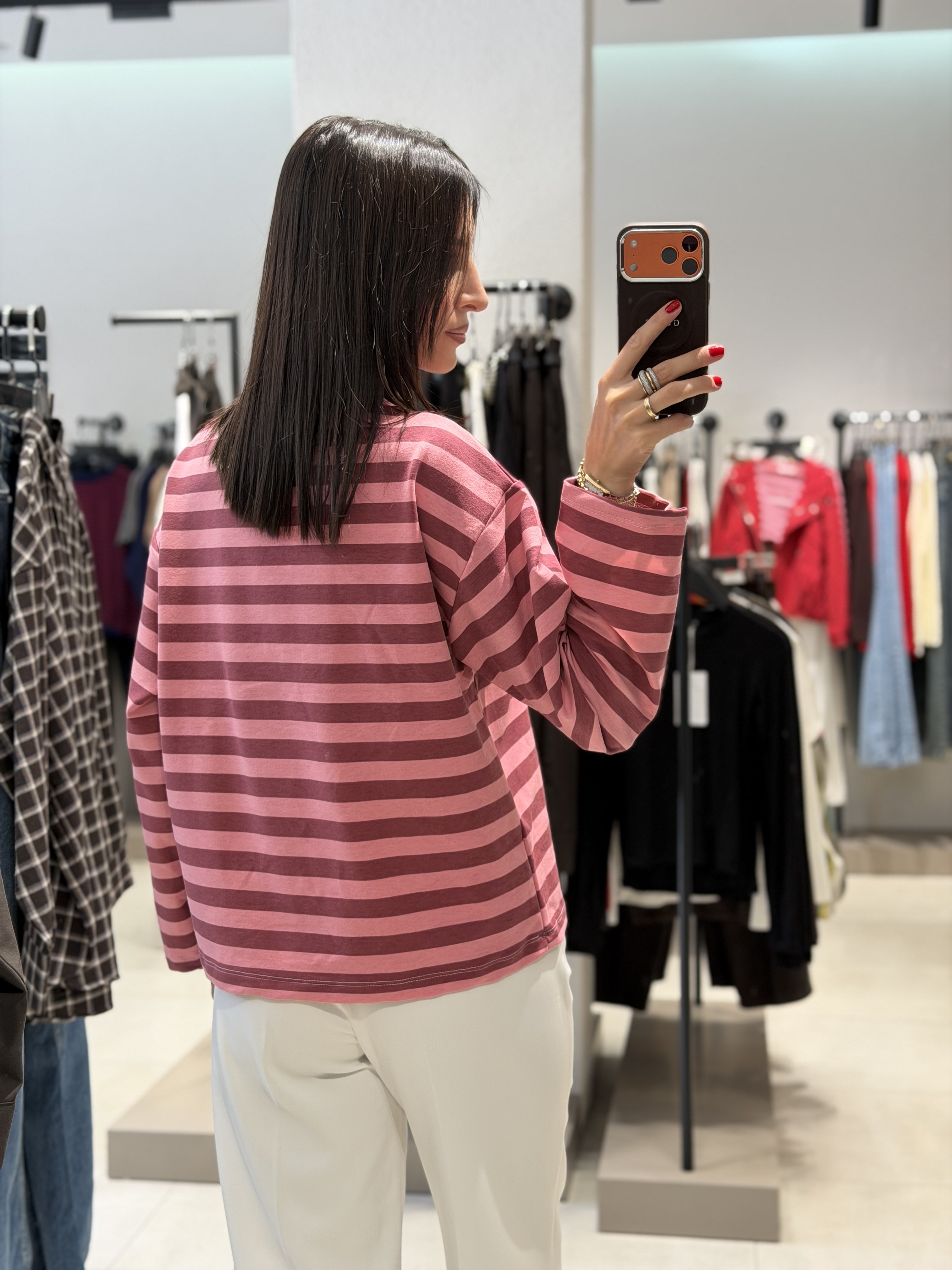 Nakış Çizgili Sweat PEMBE