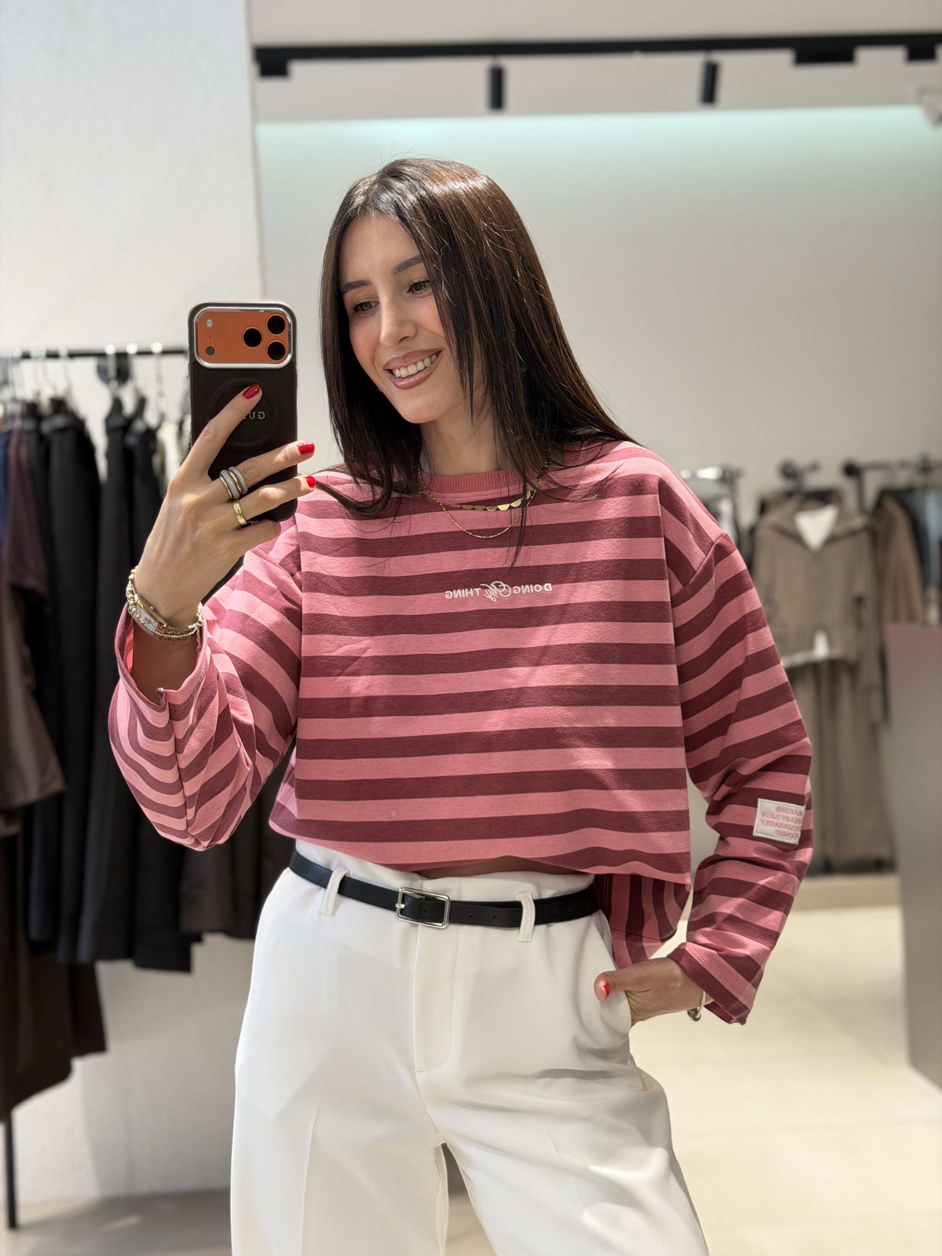 Nakış Çizgili Sweat PEMBE