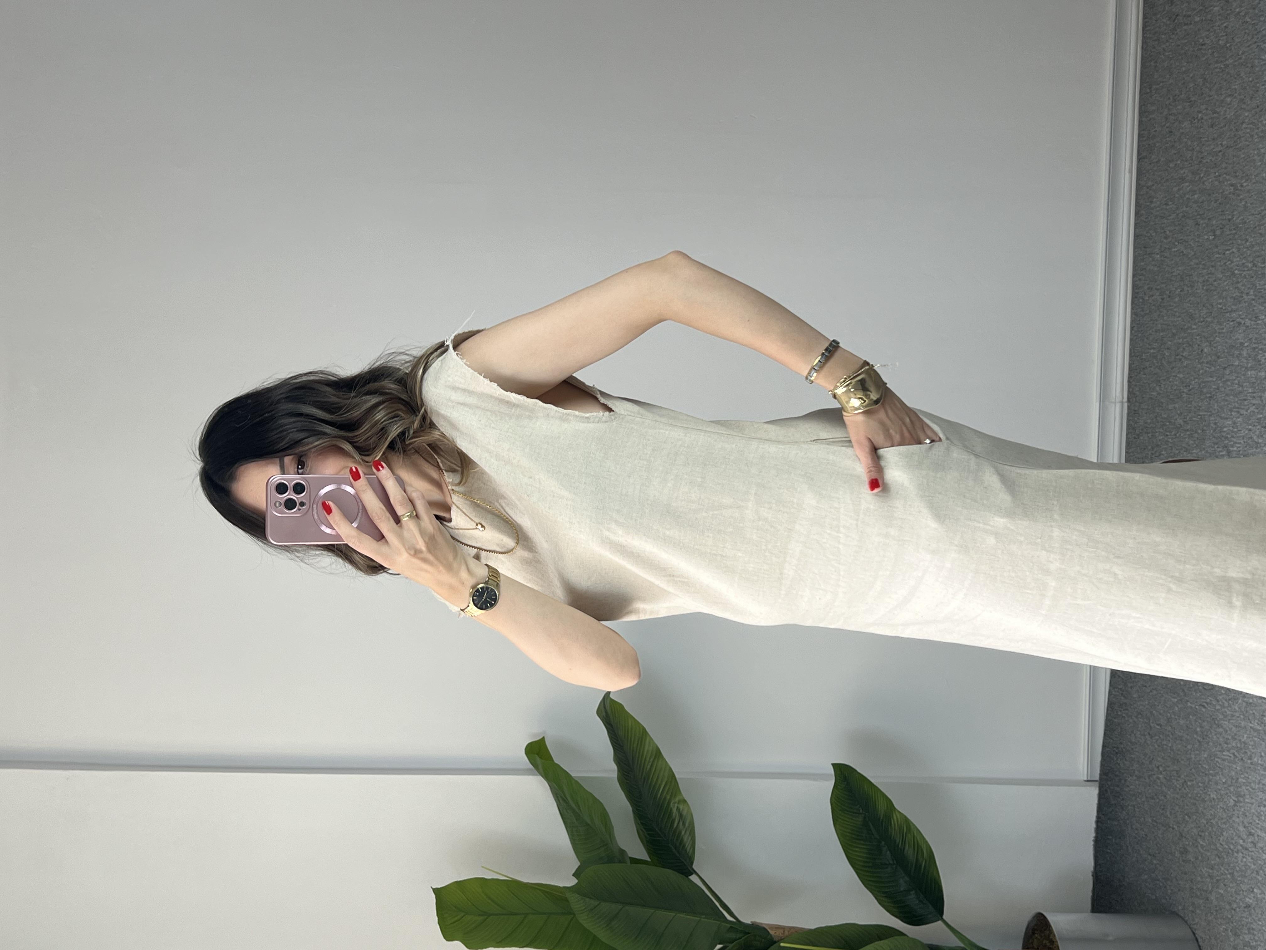 Naturel Keten Midi Boy Elbise