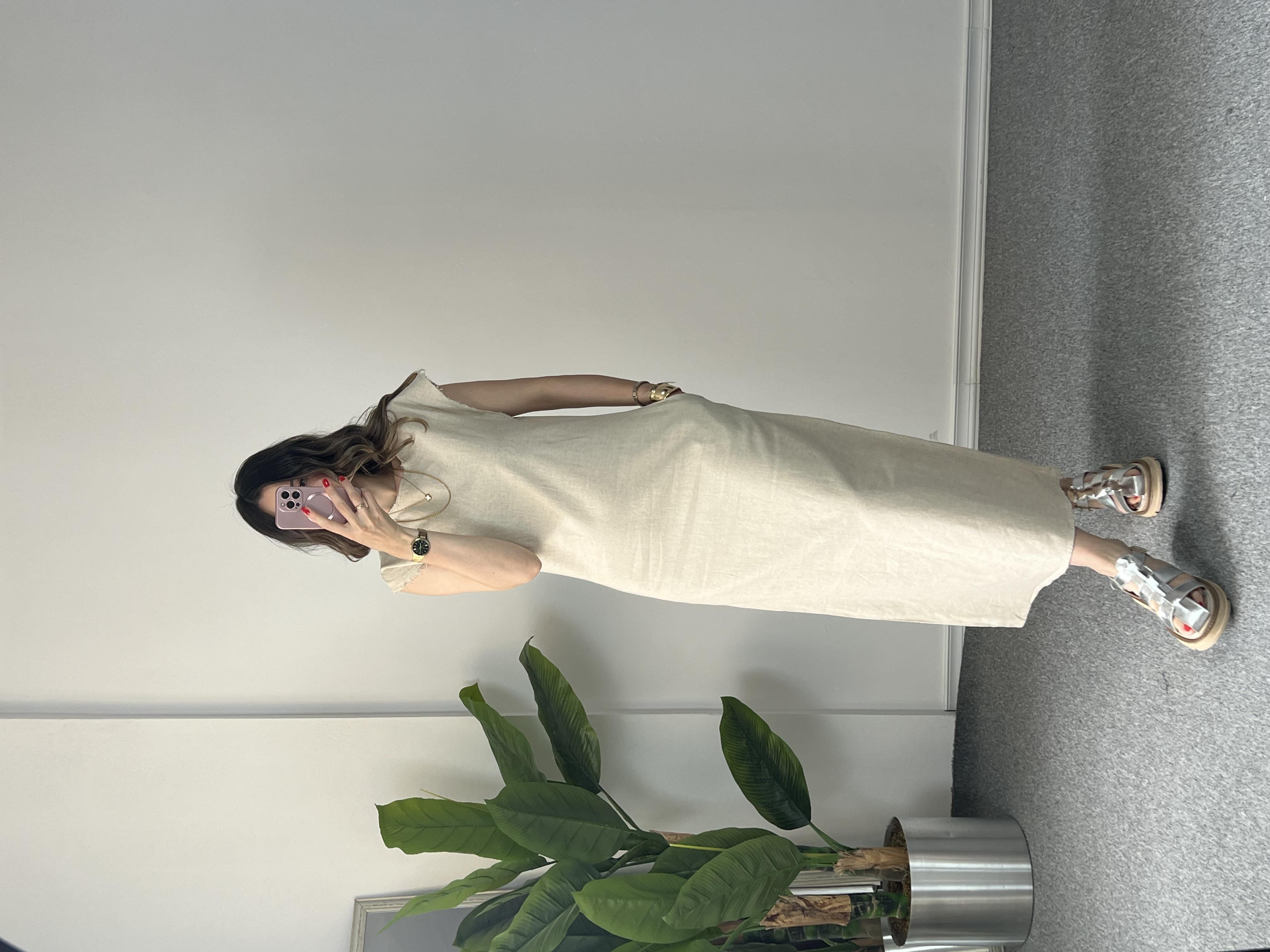 Naturel Keten Midi Boy Elbise