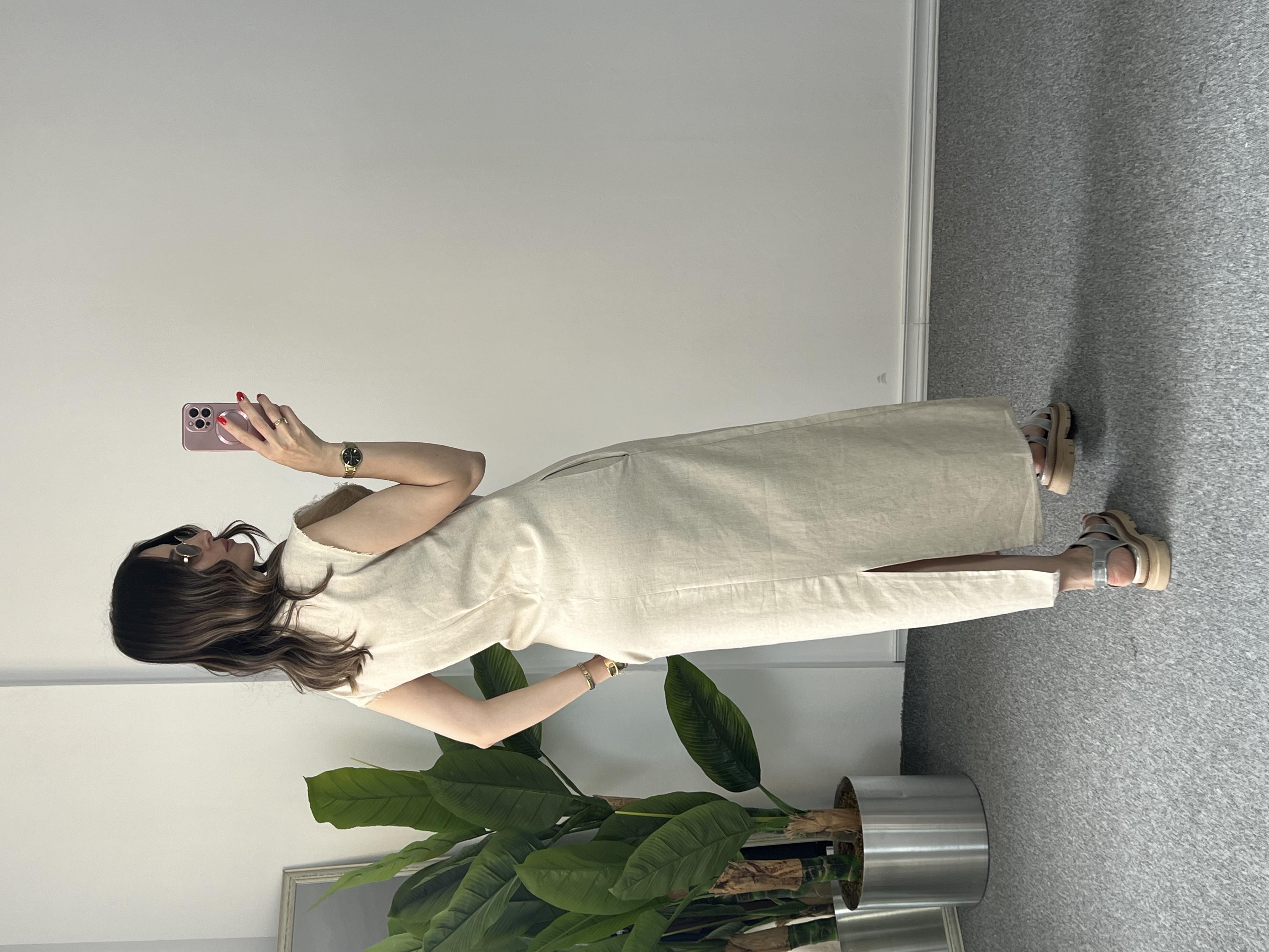 Naturel Keten Midi Boy Elbise