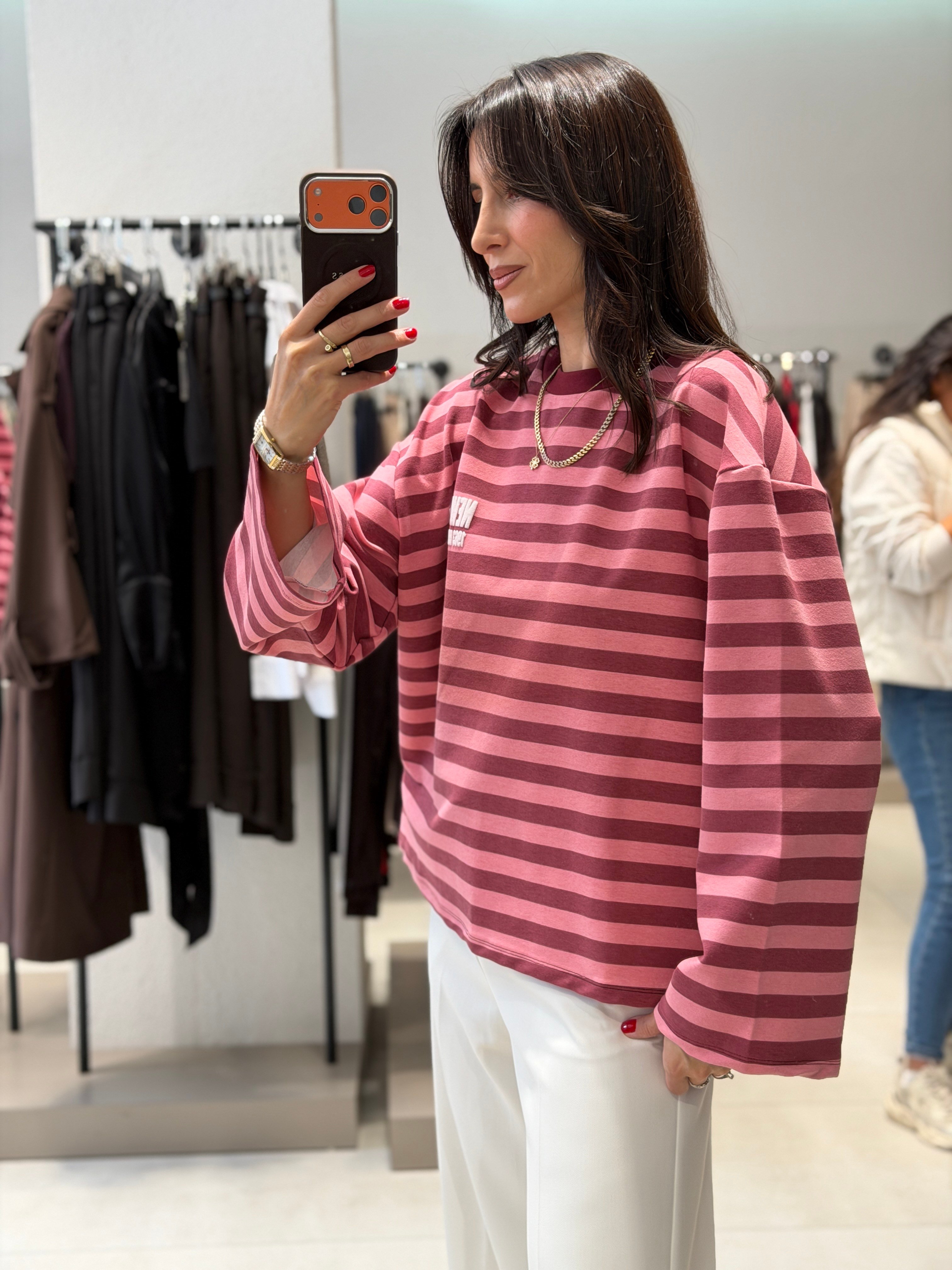 New York Çizgili Sweat PEMBE