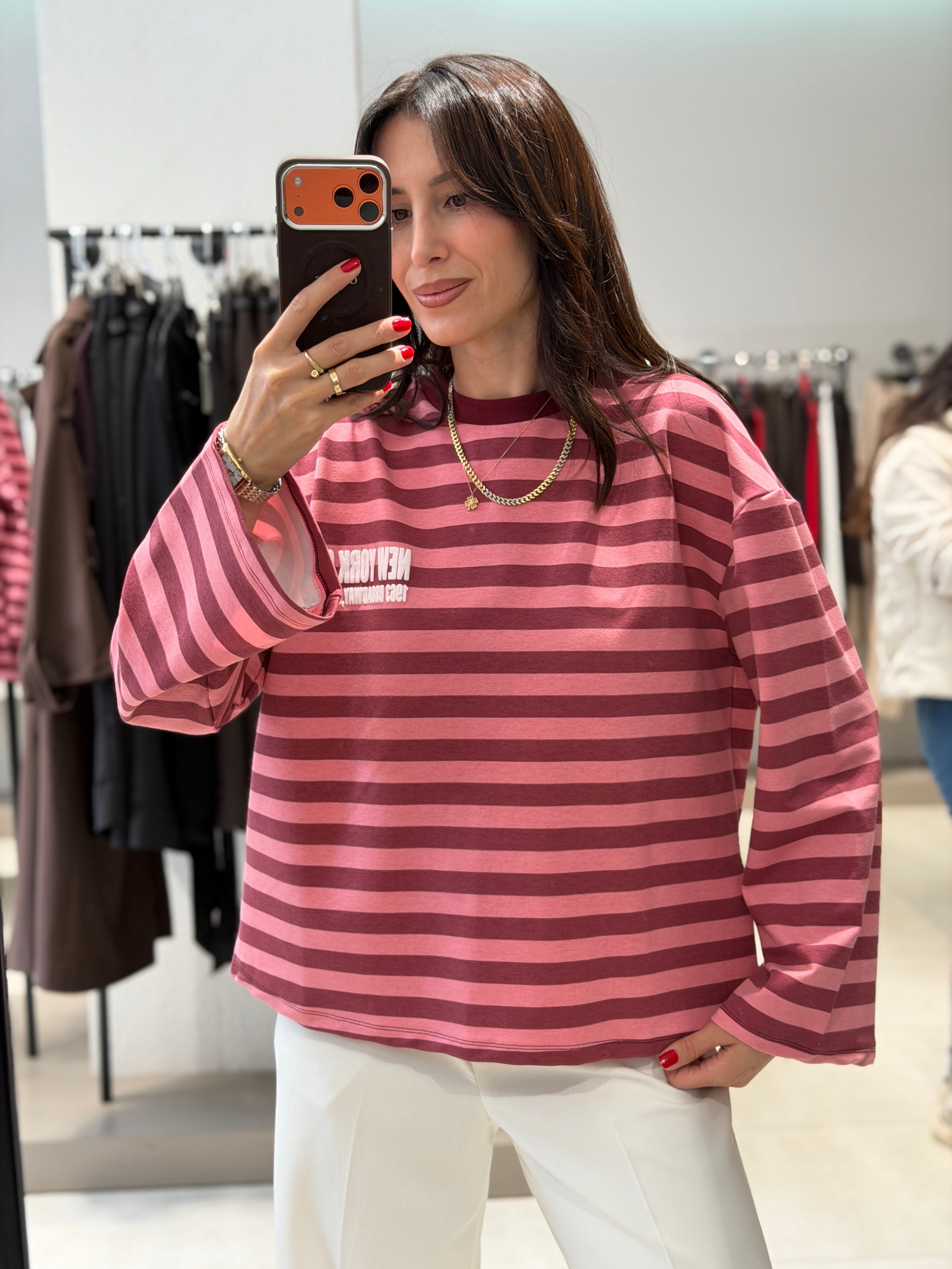 New York Çizgili Sweat PEMBE