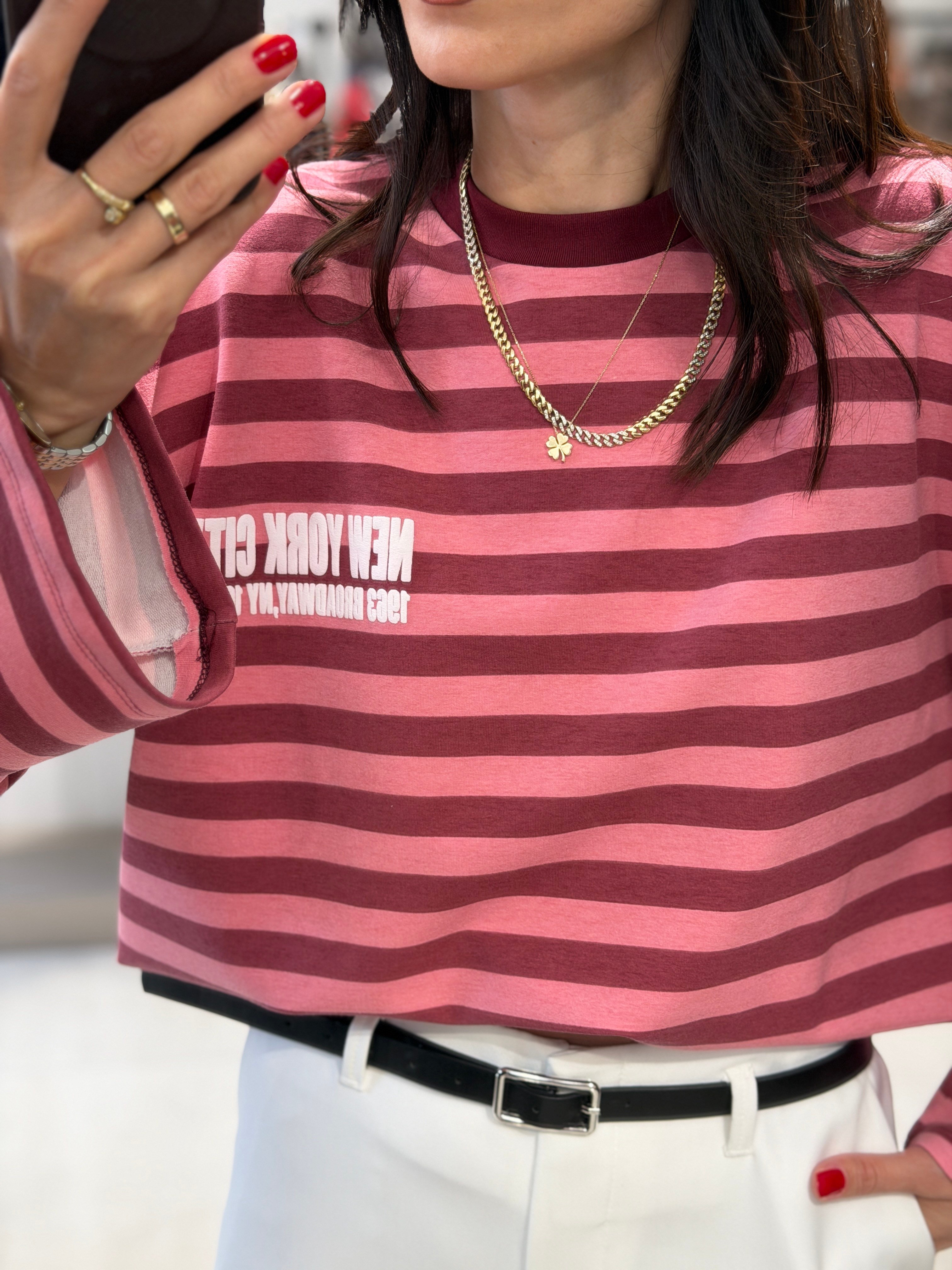 New York Çizgili Sweat PEMBE