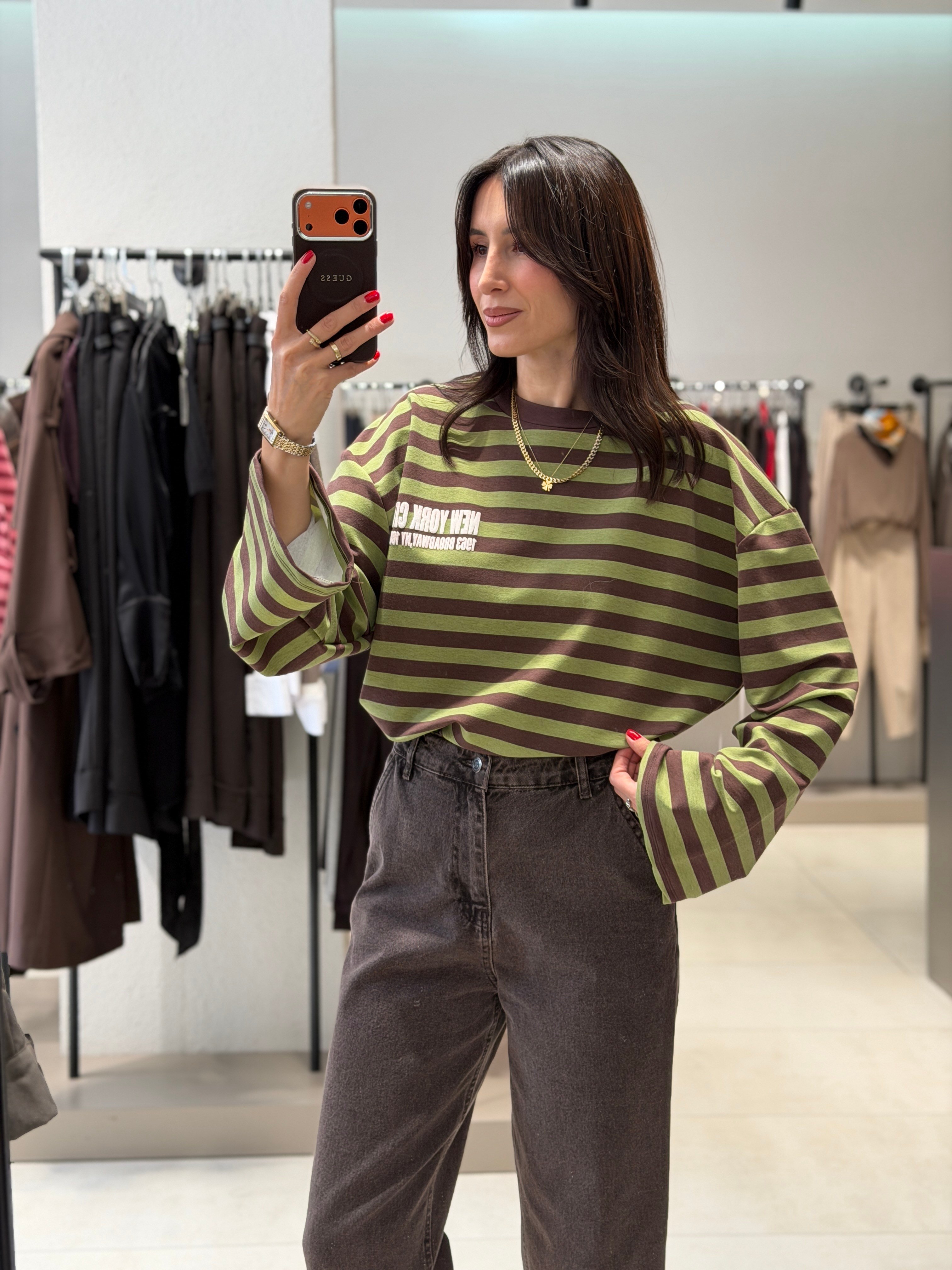 New York Çizgili Sweat YEŞİL