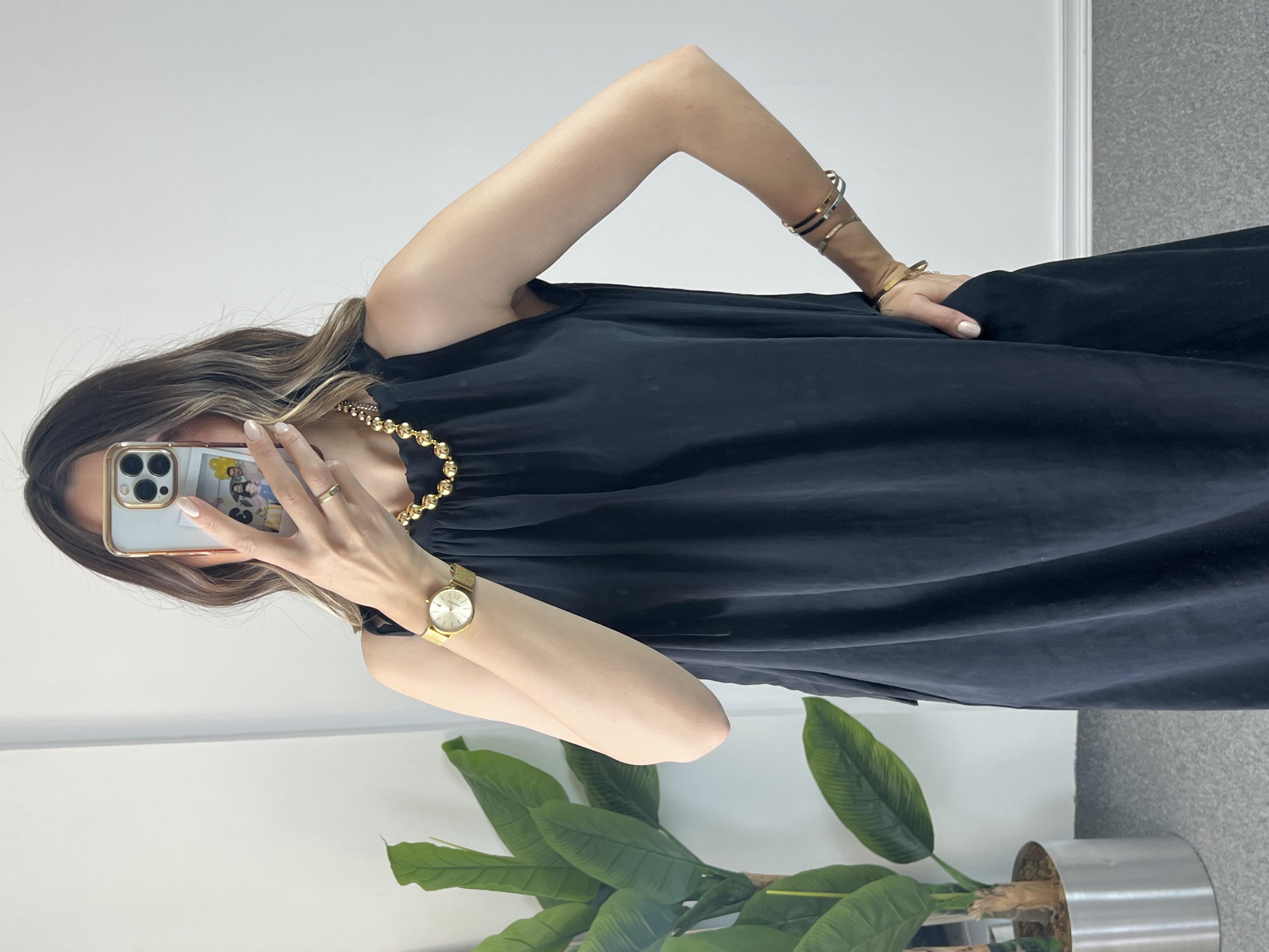 Omzu Bağlamalı Tensel Siyah Elbise