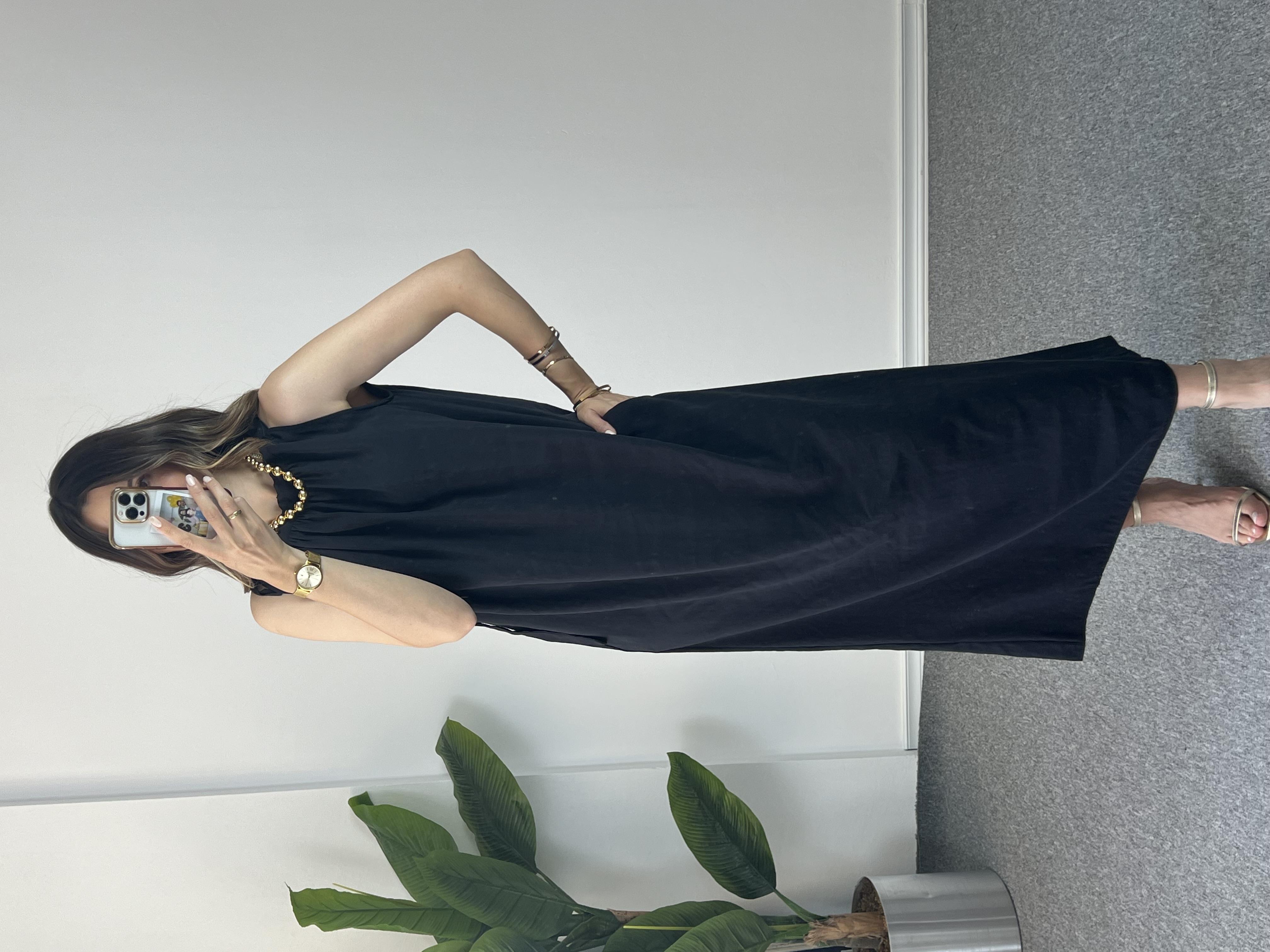 Omzu Bağlamalı Tensel Siyah Elbise