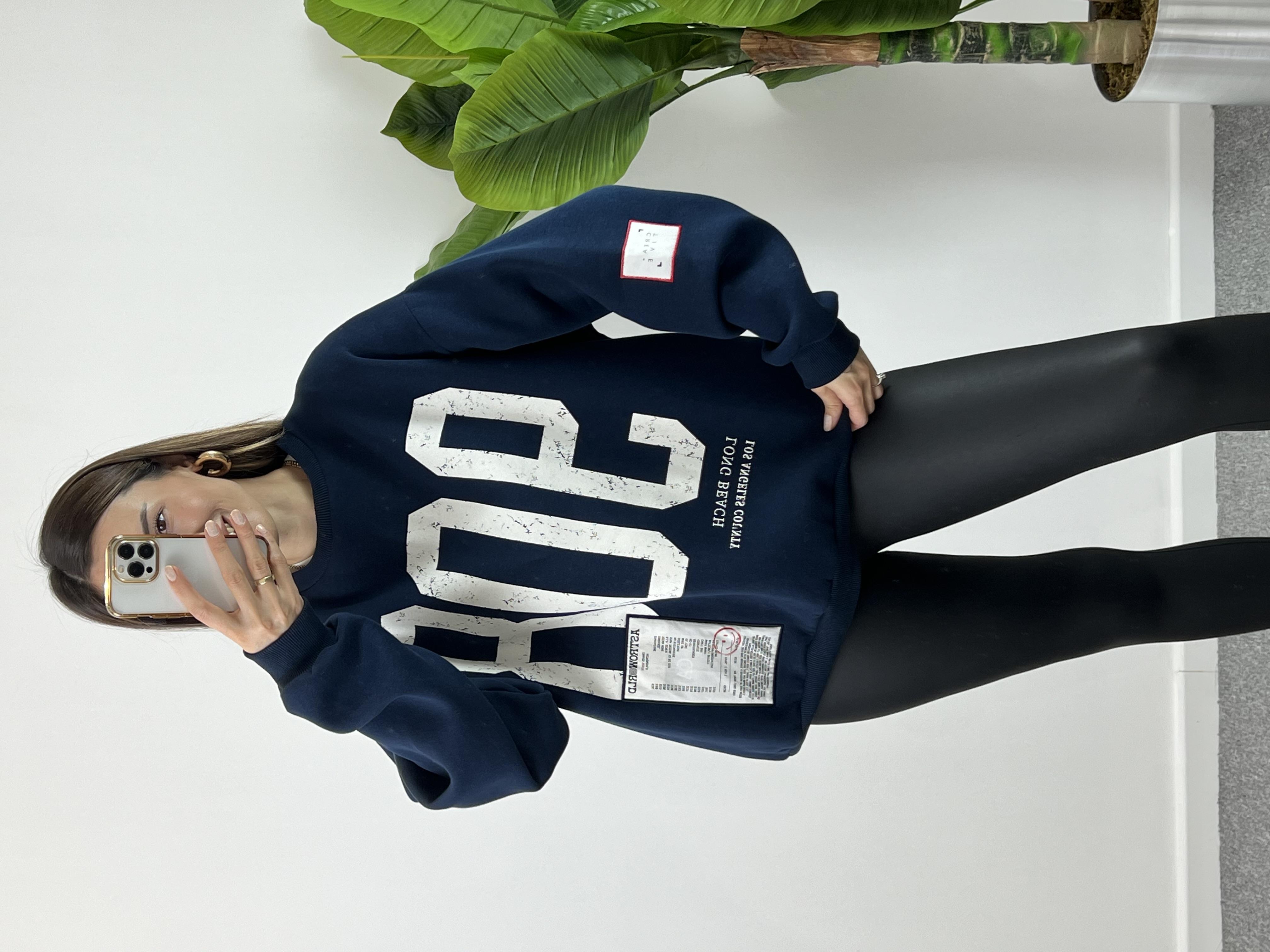 Owersize Baskılı Lacivert Sweat 