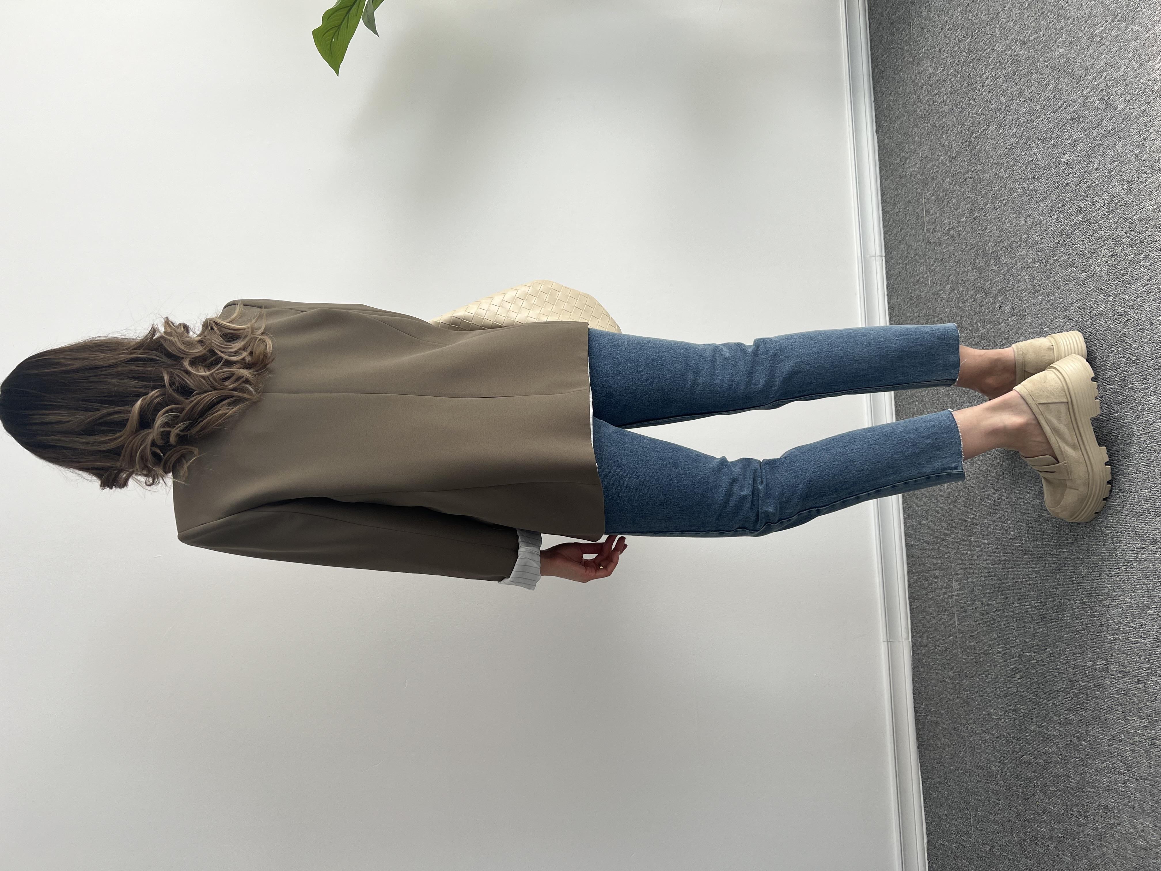 Owersize Çizgili Astarlı Haki Blazer Ceket