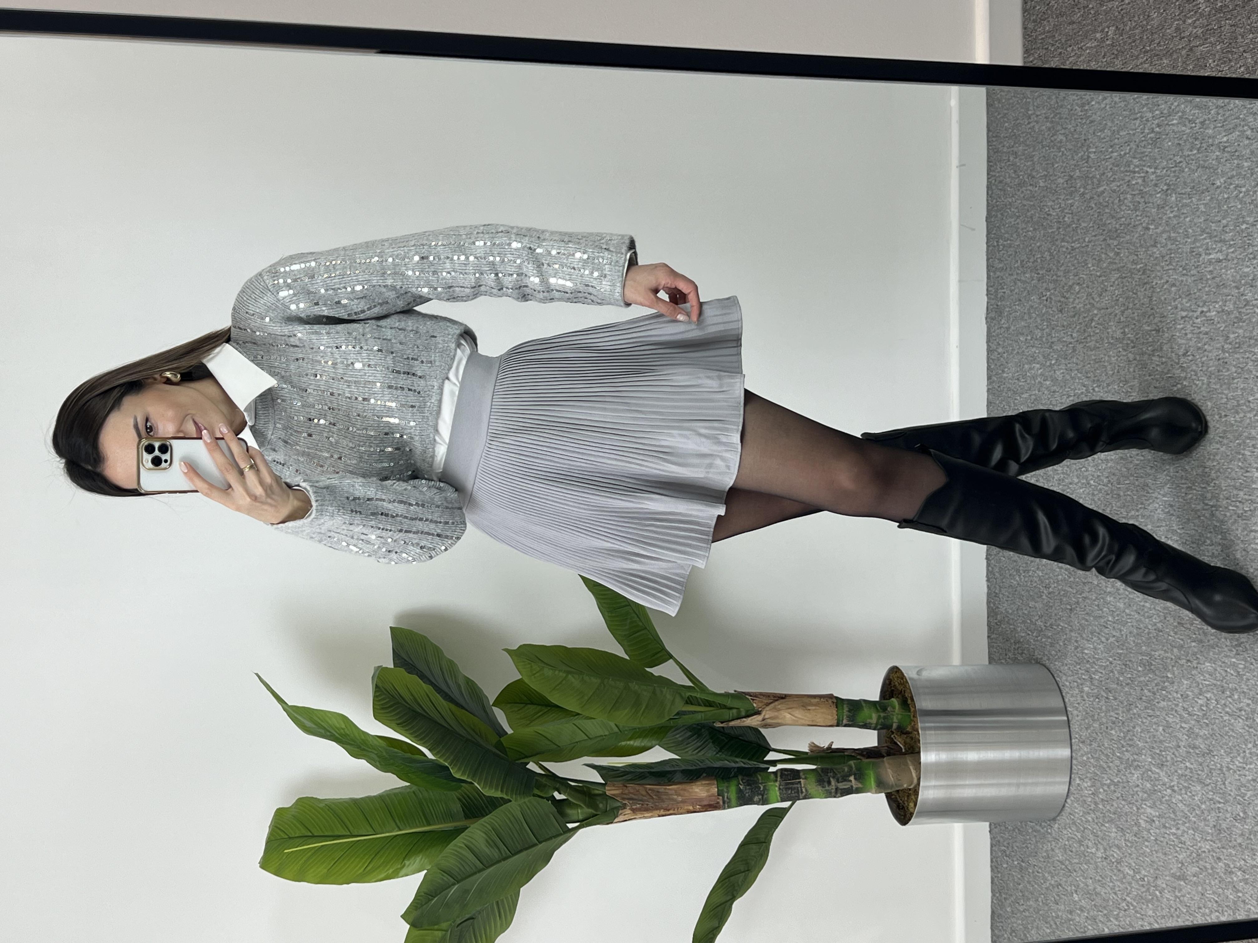 PİLELİ GRİ ŞORT ETEK