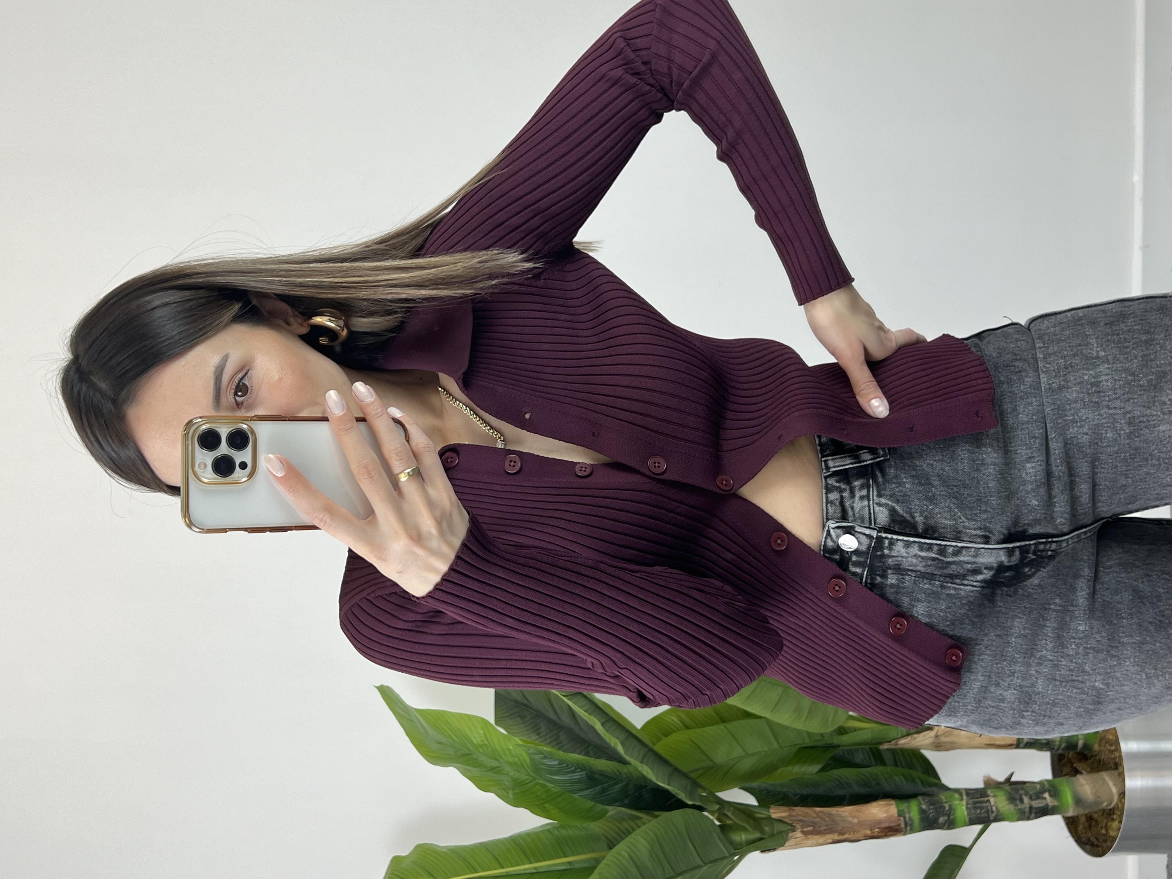 Polo Yaka Düğmeli Bordo Hırka