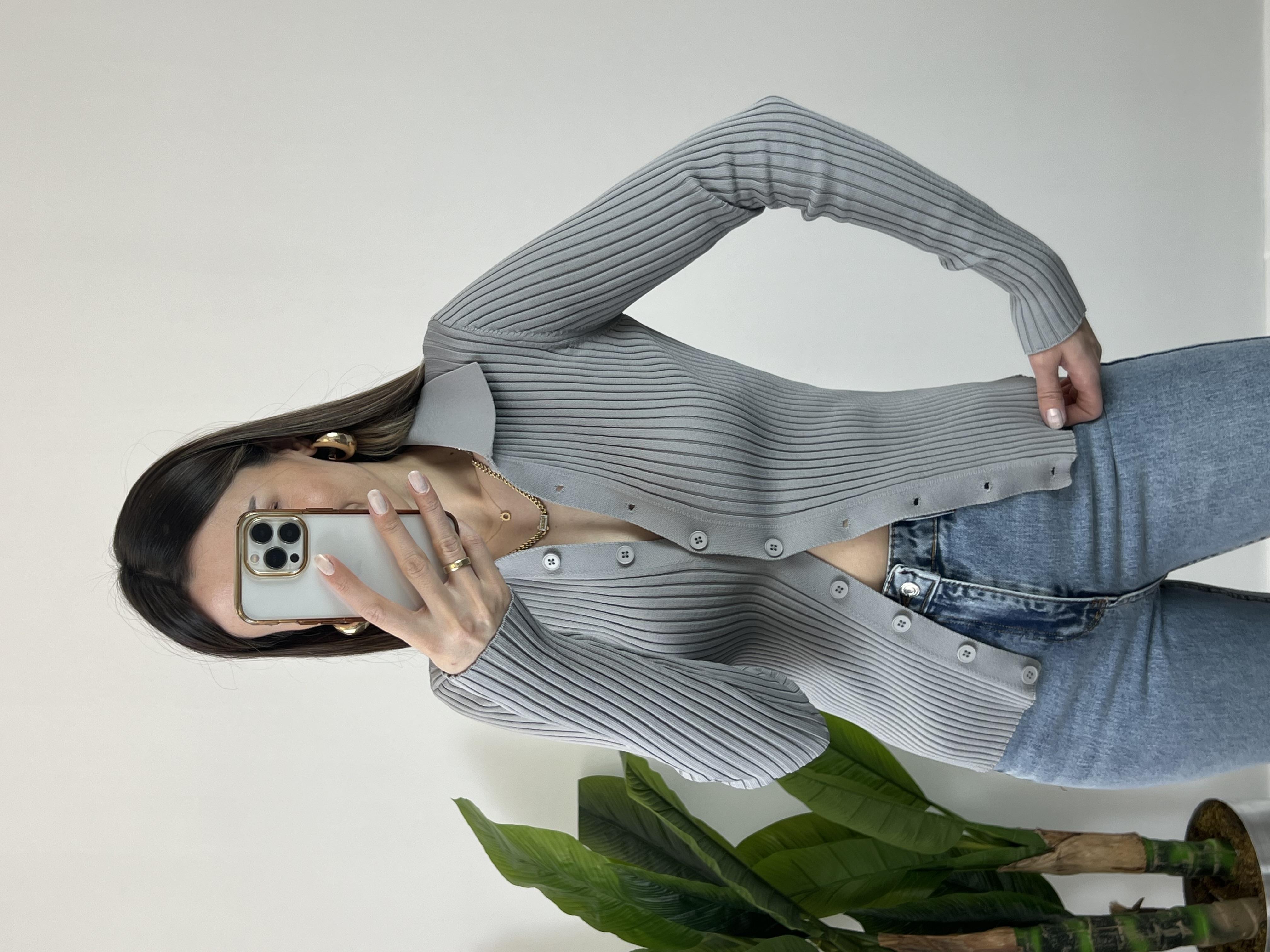 Polo Yaka Düğmeli Gri Hırka