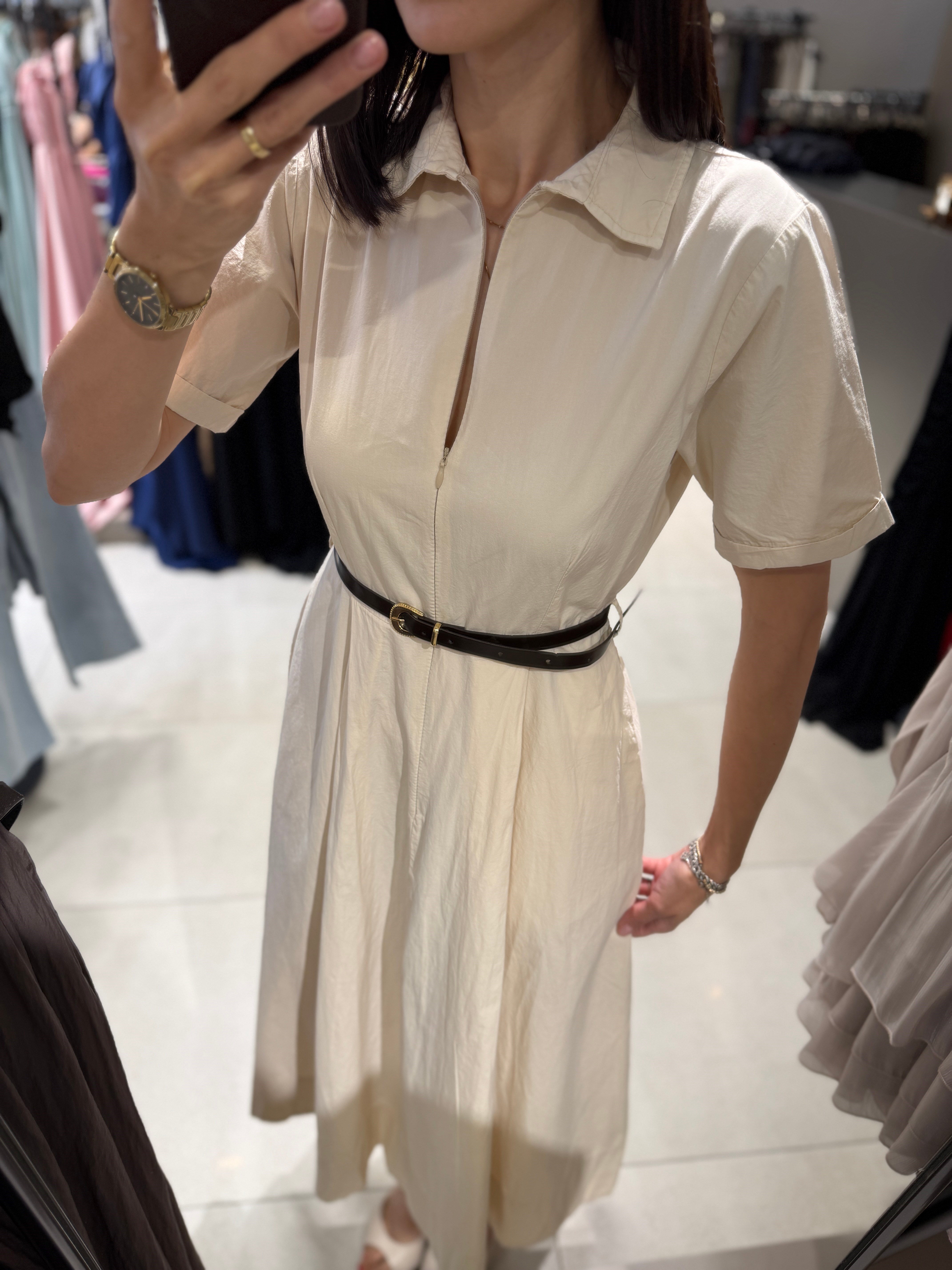 Polo Yaka Kısa Kollu Midi Boy Elbise EKRU