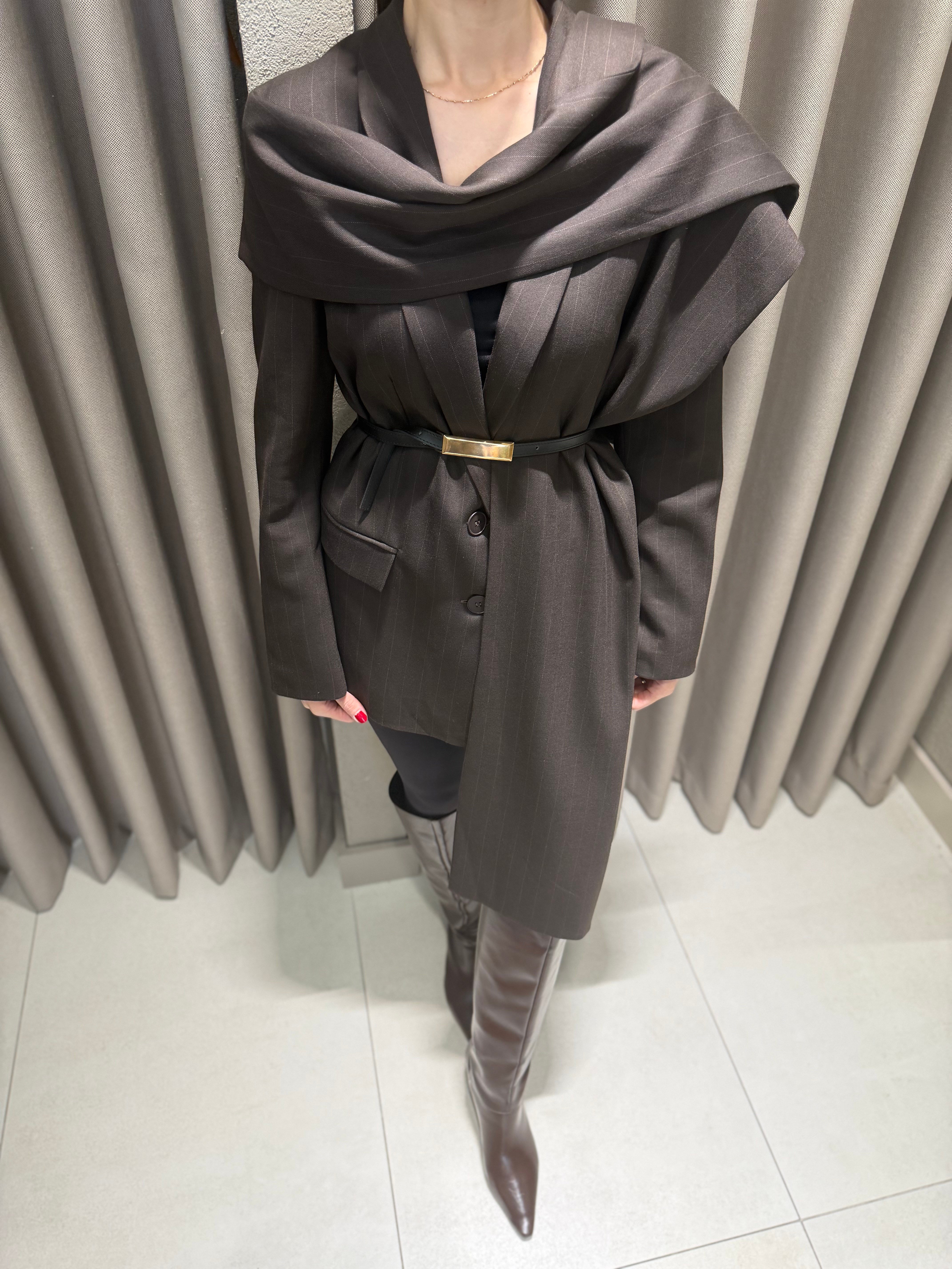 ŞAL DETAY ÇİZGİLİ BLAZER CEKET KAHVE