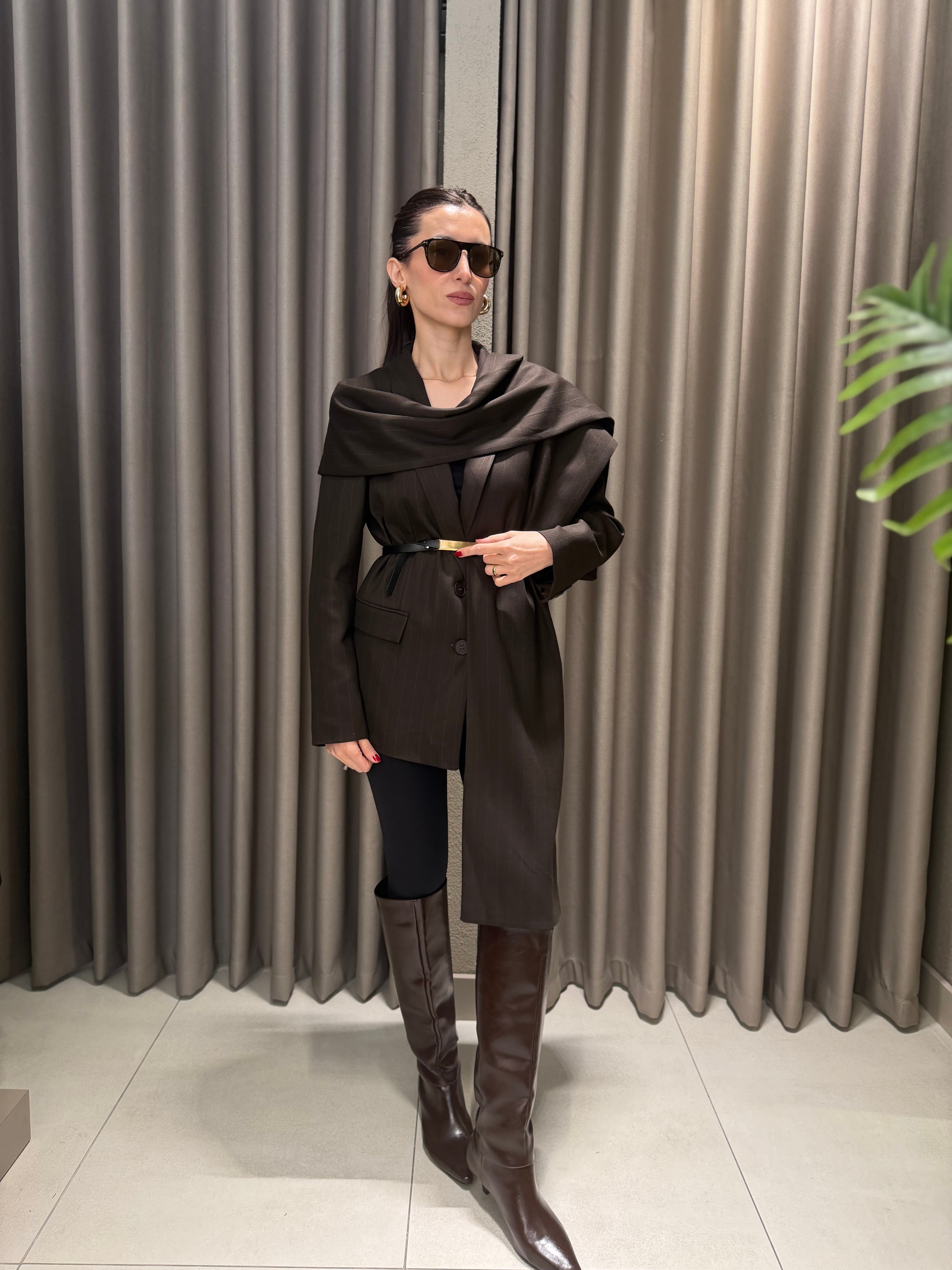 ŞAL DETAY ÇİZGİLİ BLAZER CEKET KAHVE