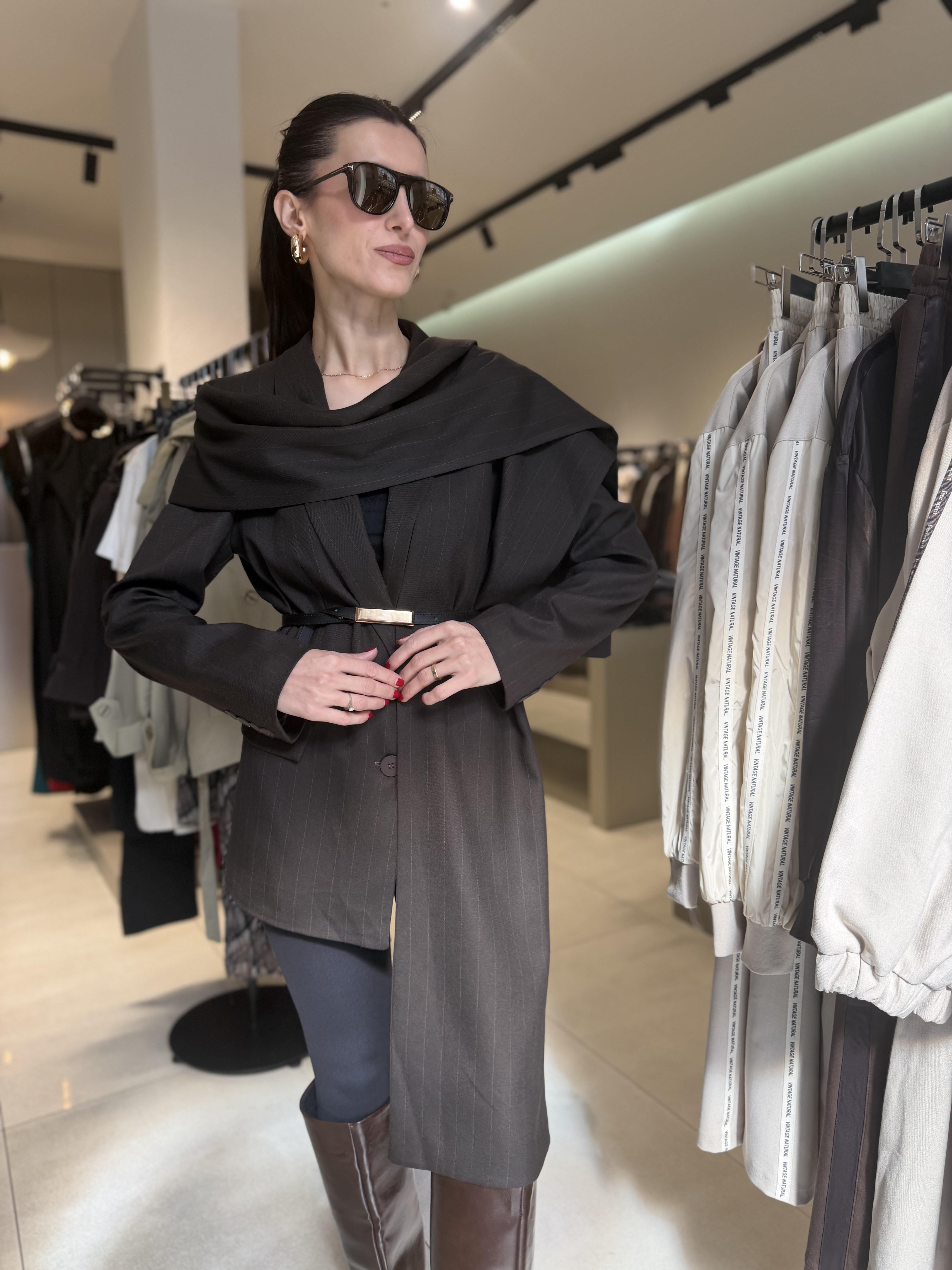 ŞAL DETAY ÇİZGİLİ BLAZER CEKET KAHVE