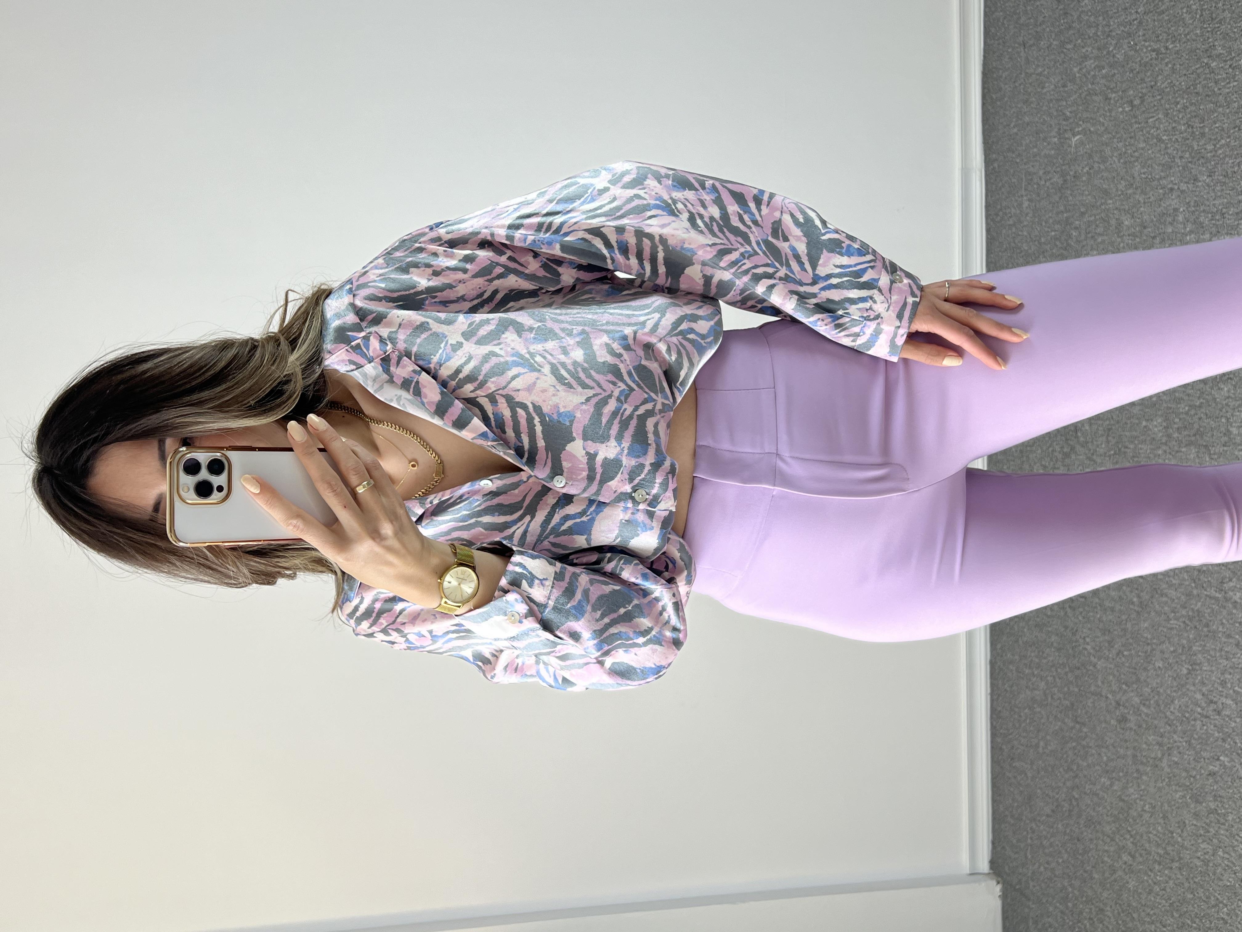 Saten Pembe Desenli Gömlek