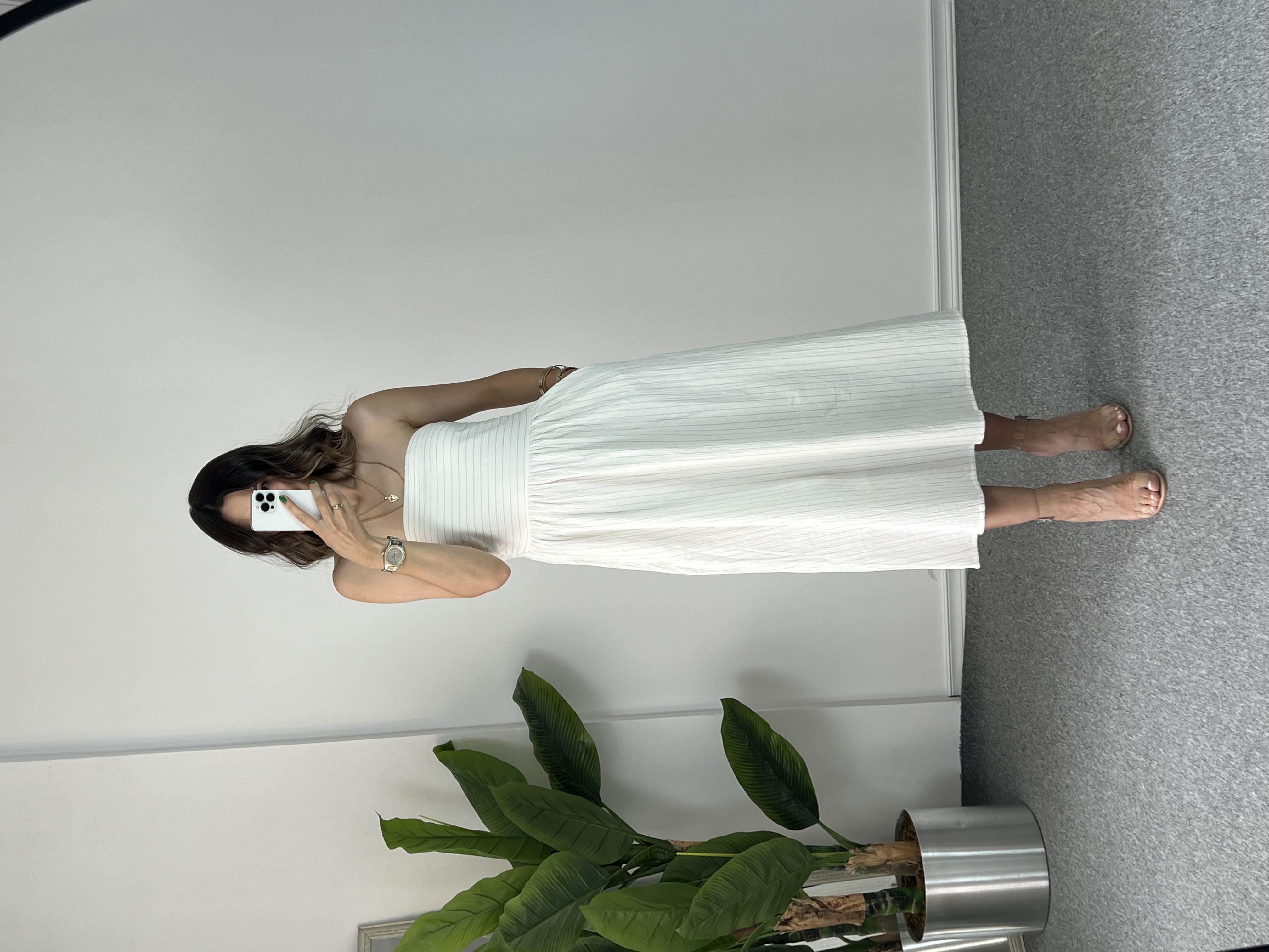 Straplez Beyaz Keten Elbise