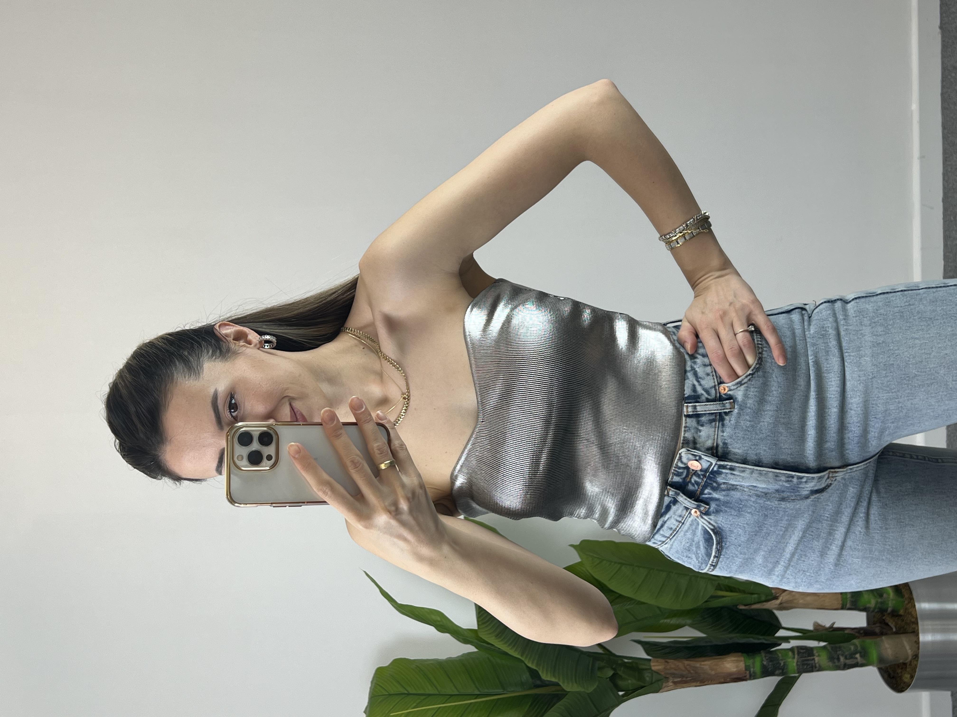 Straplez Gümüş Bluz