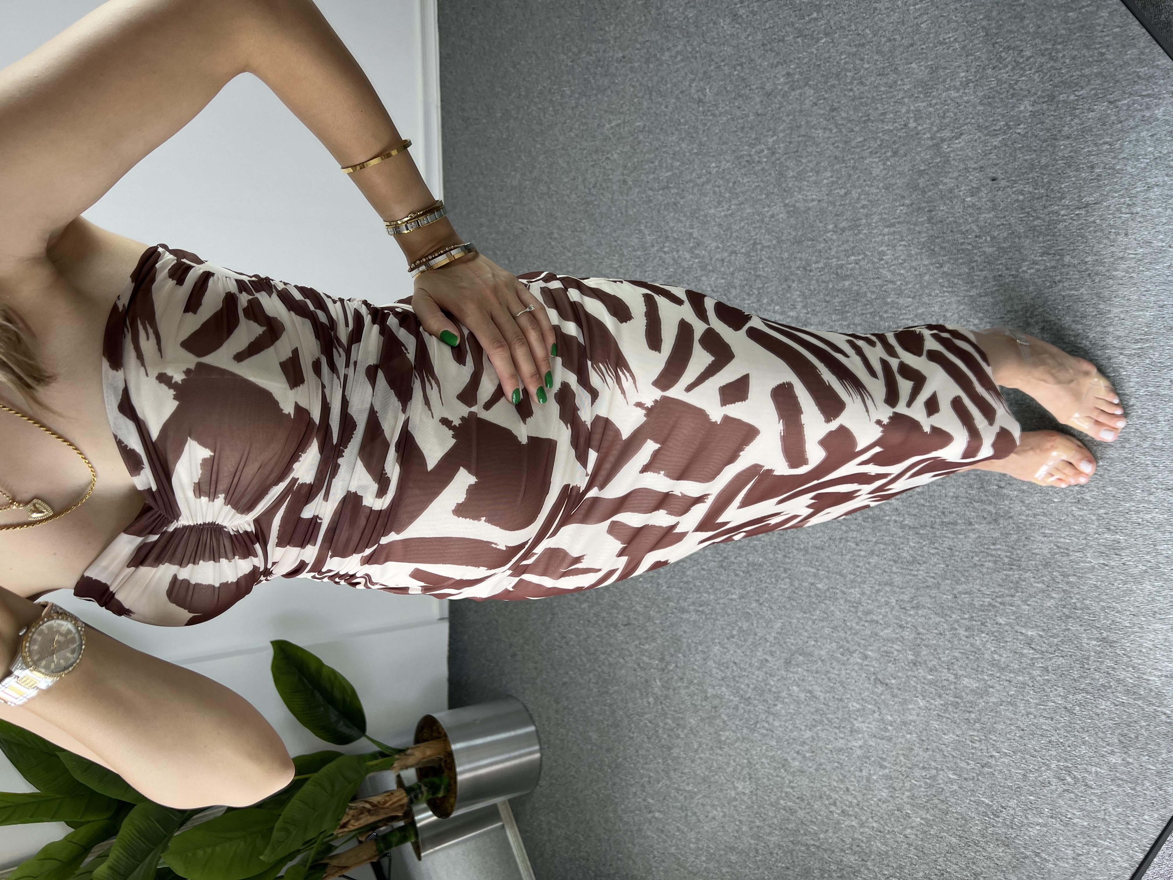 Straplez Şifon Desenli Elbise