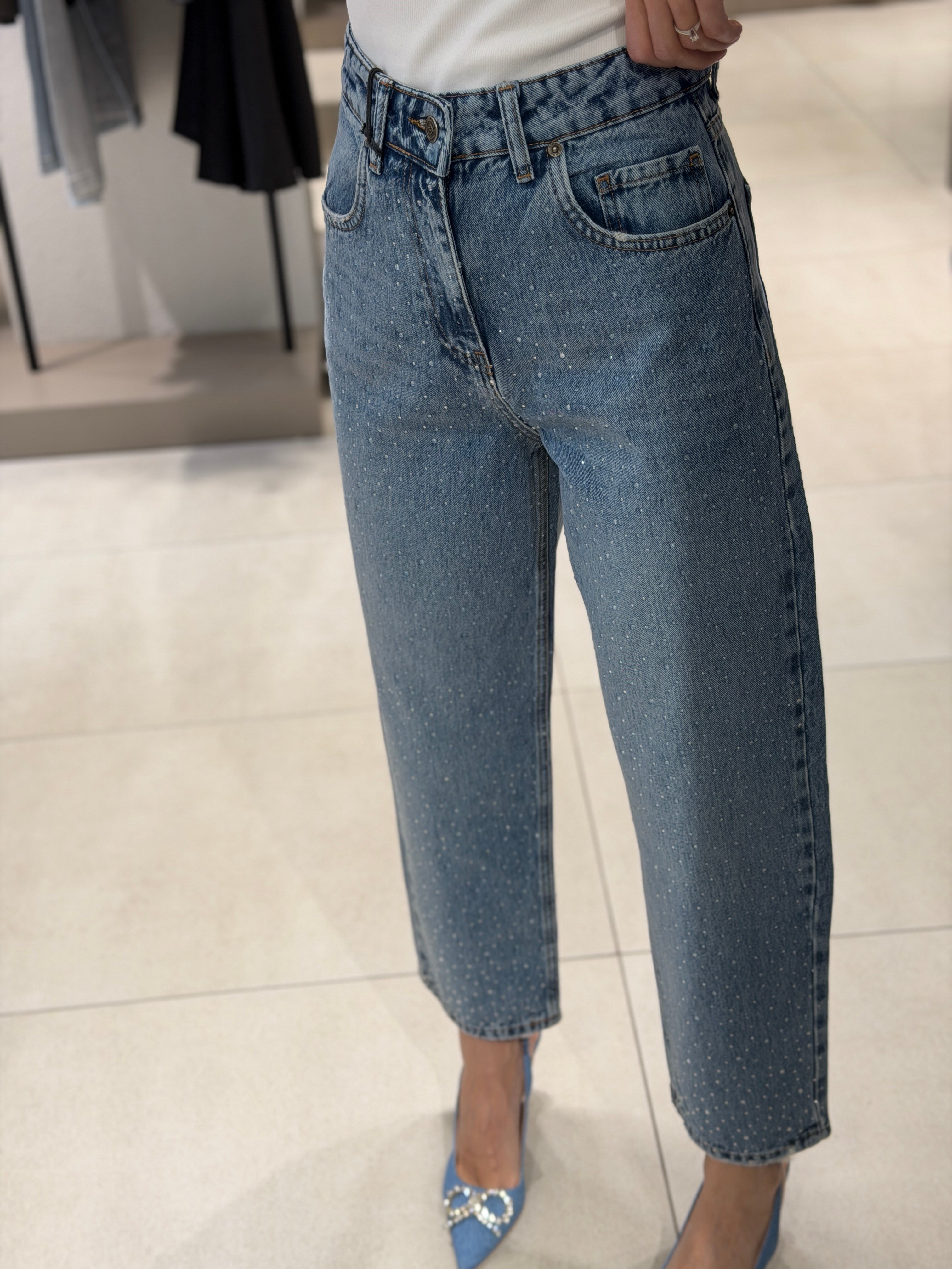 Taşlı Mom jean MAVİ 