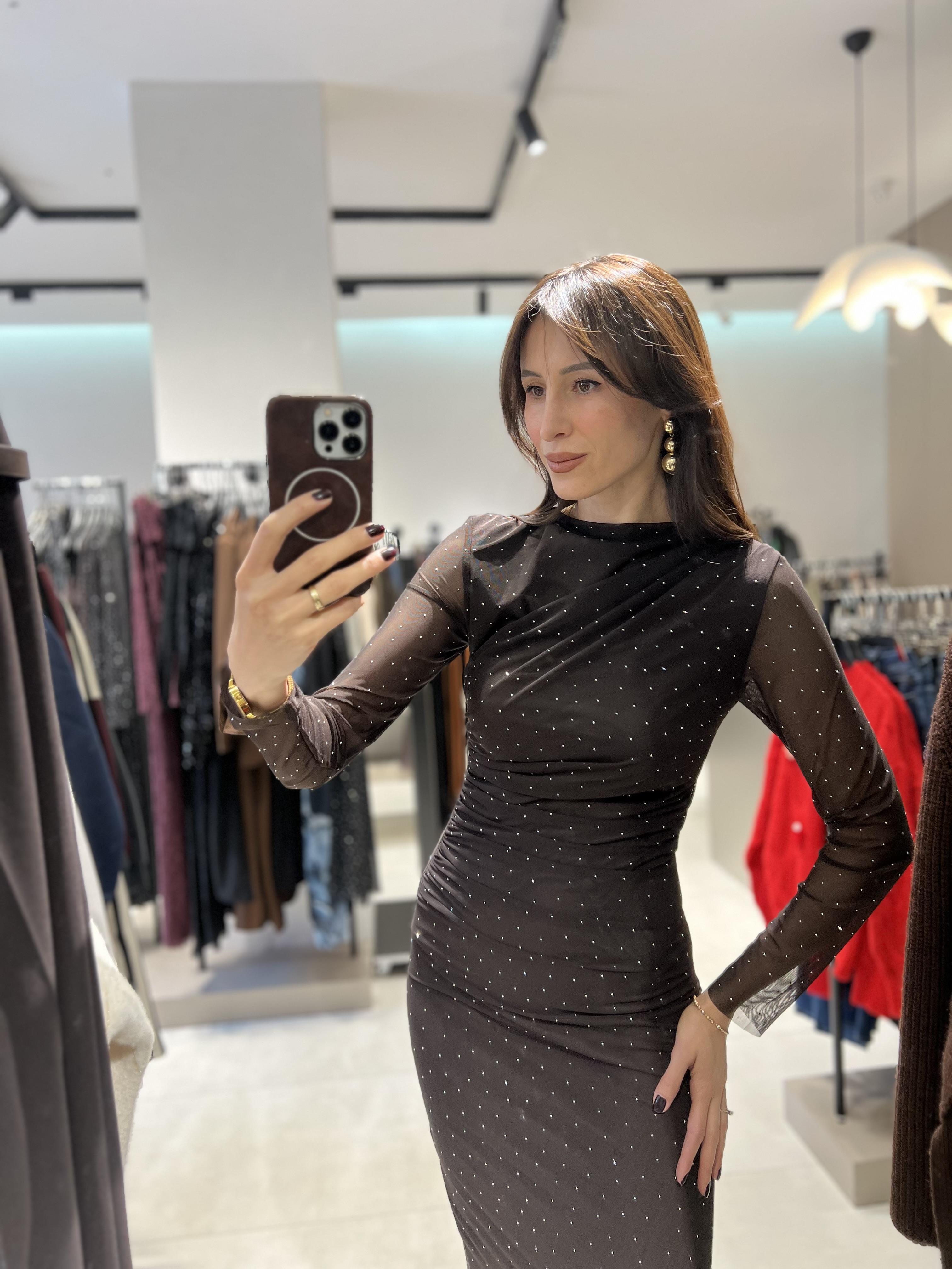 Taşlı Tül Elbise KAHVE