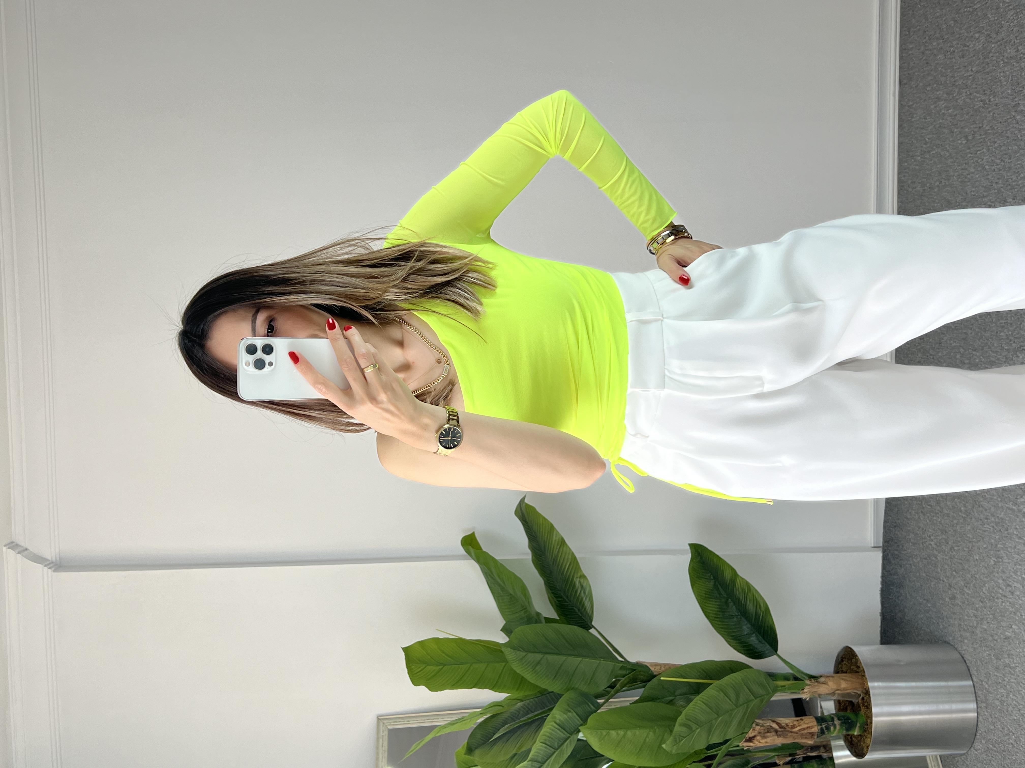 Tek Omuz Tül Neon Yeşil Bluz