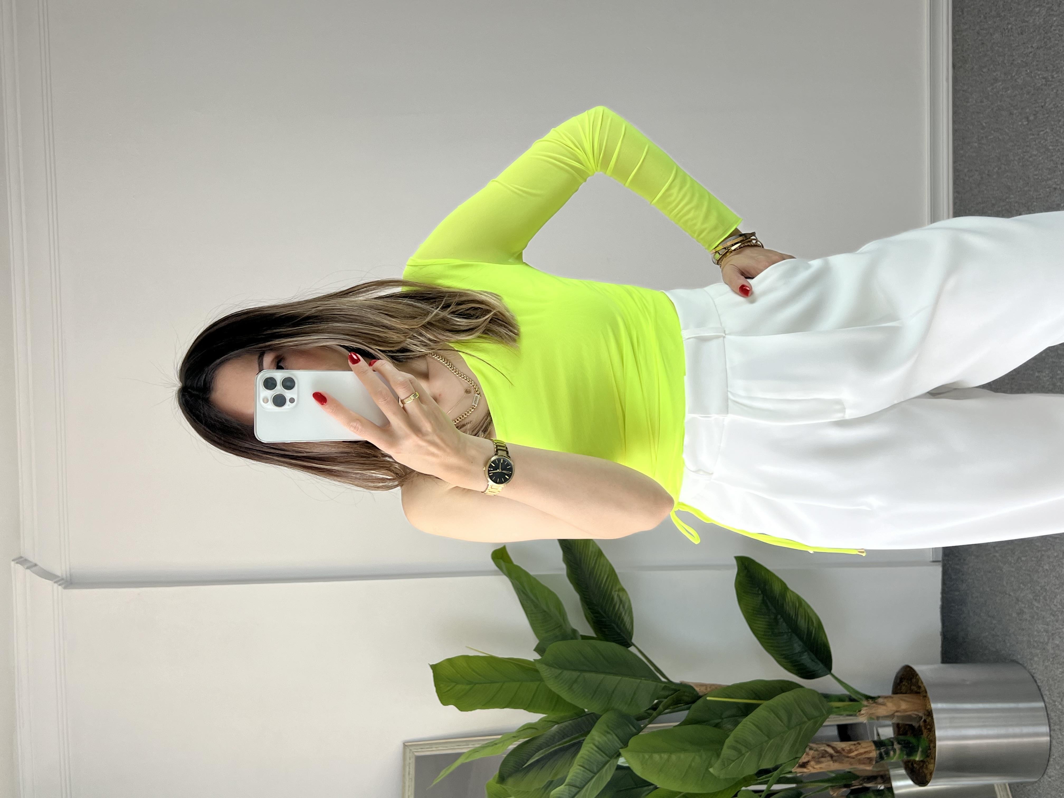 Tek Omuz Tül Neon Yeşil Bluz