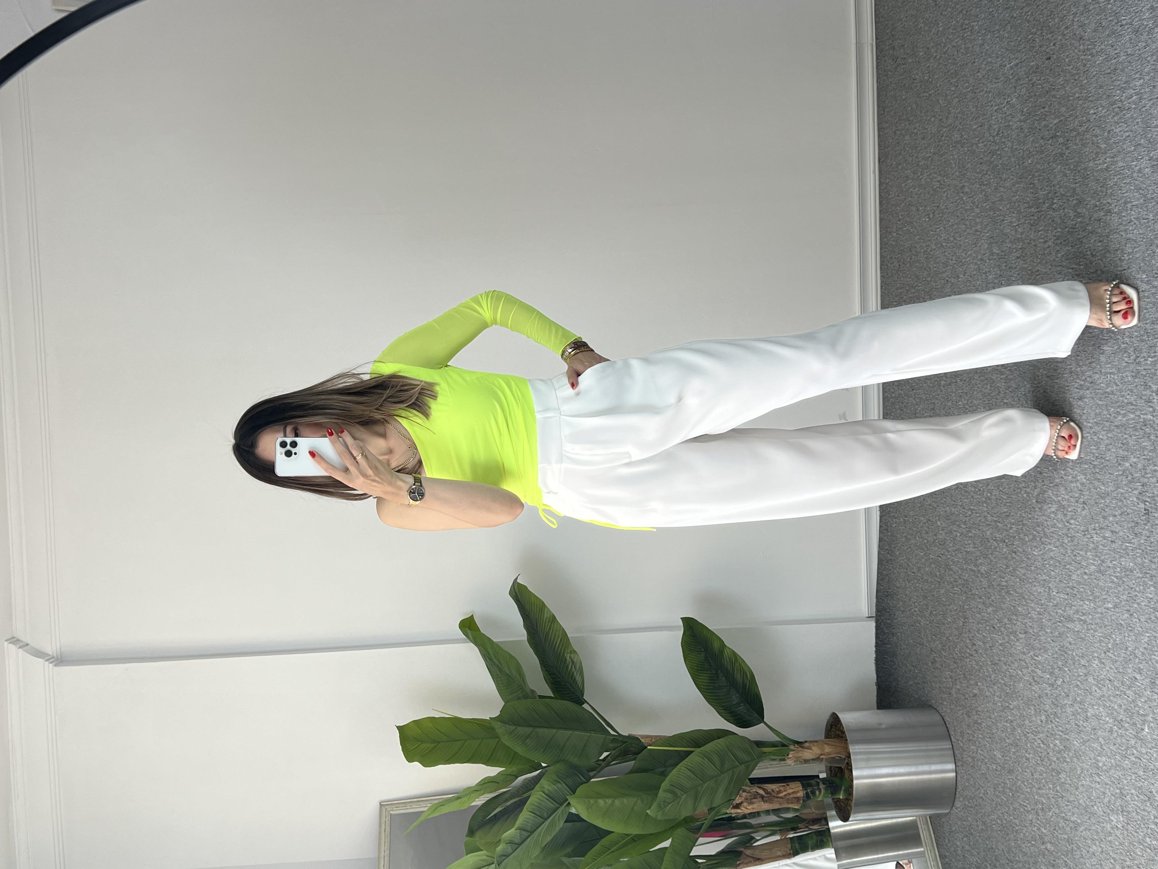 Tek Omuz Tül Neon Yeşil Bluz