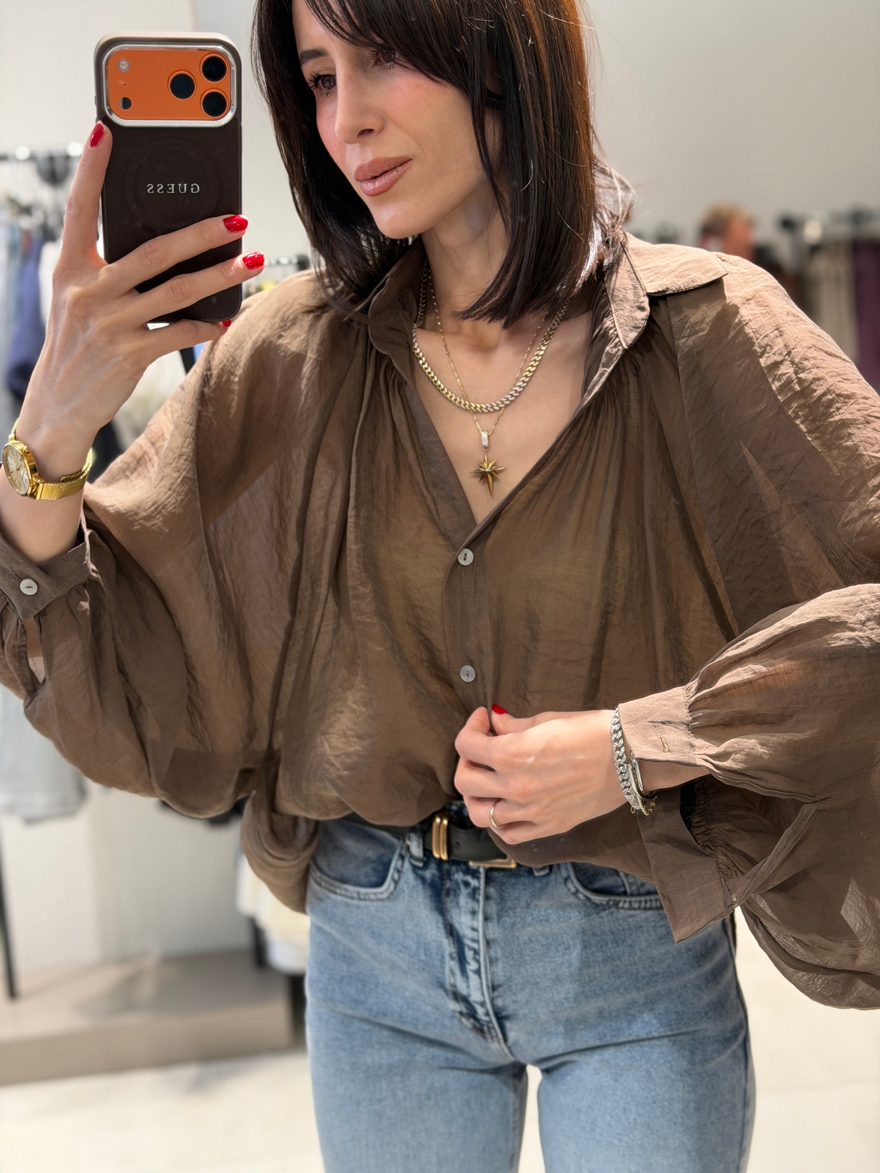 Transparan Balon Kol Tül Gömlek KAHVE