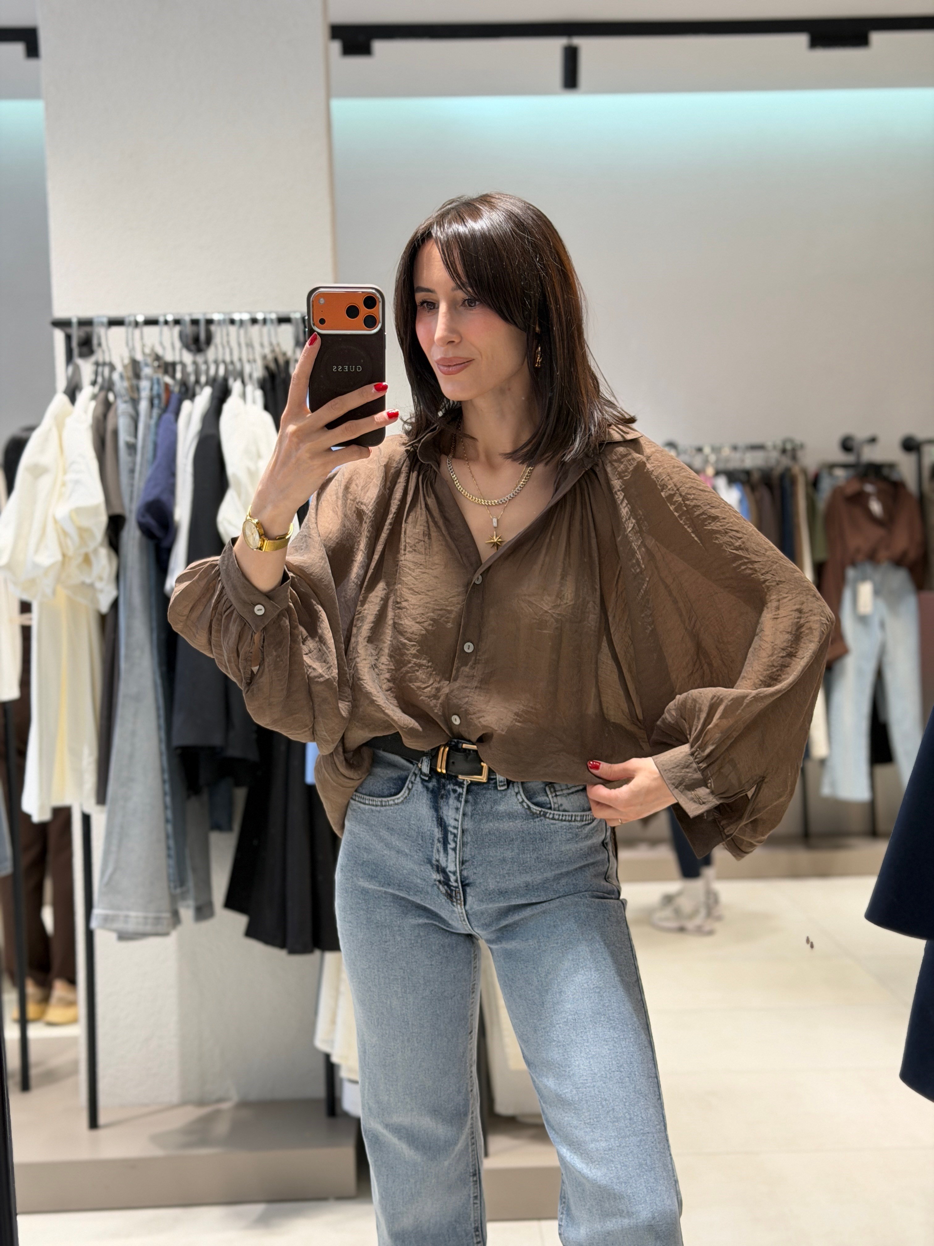 Transparan Balon Kol Tül Gömlek KAHVE