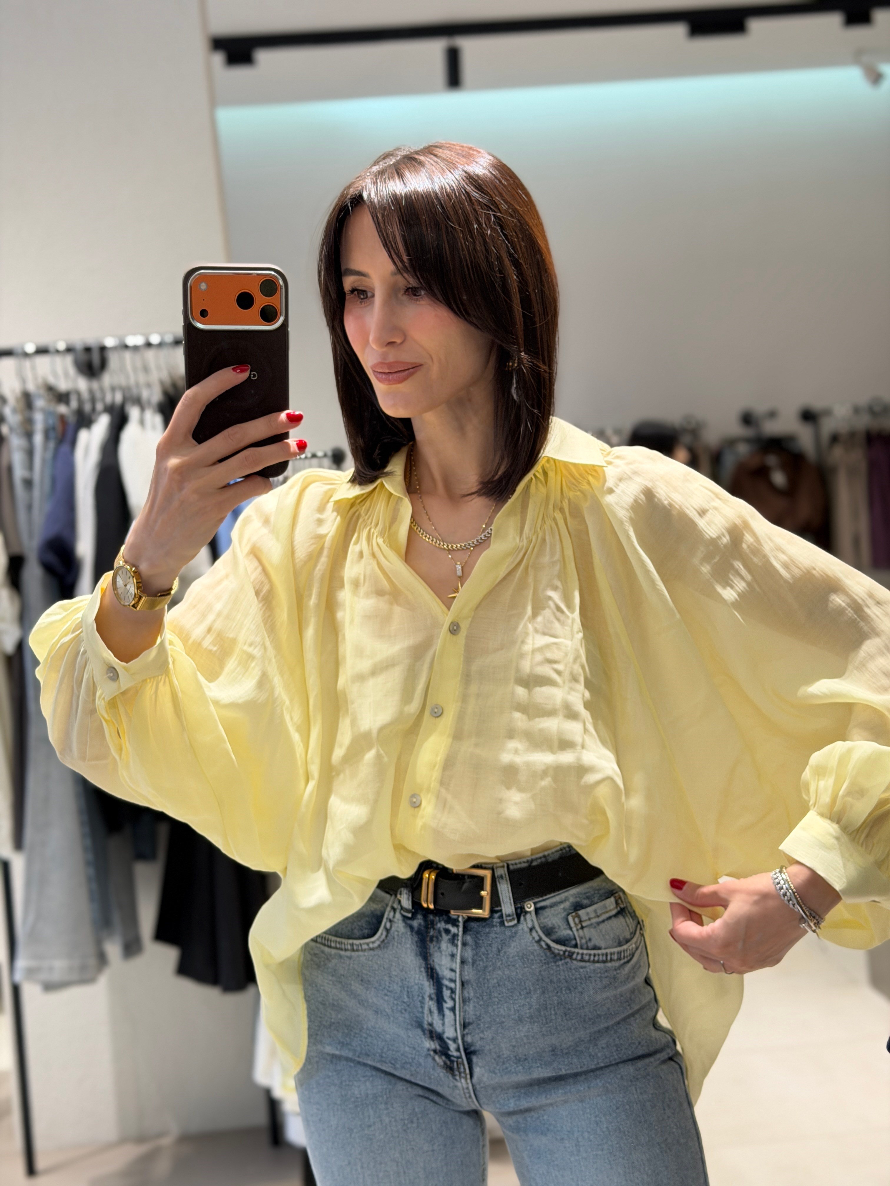 Transparan Balon Kol Tül Gömlek SARI