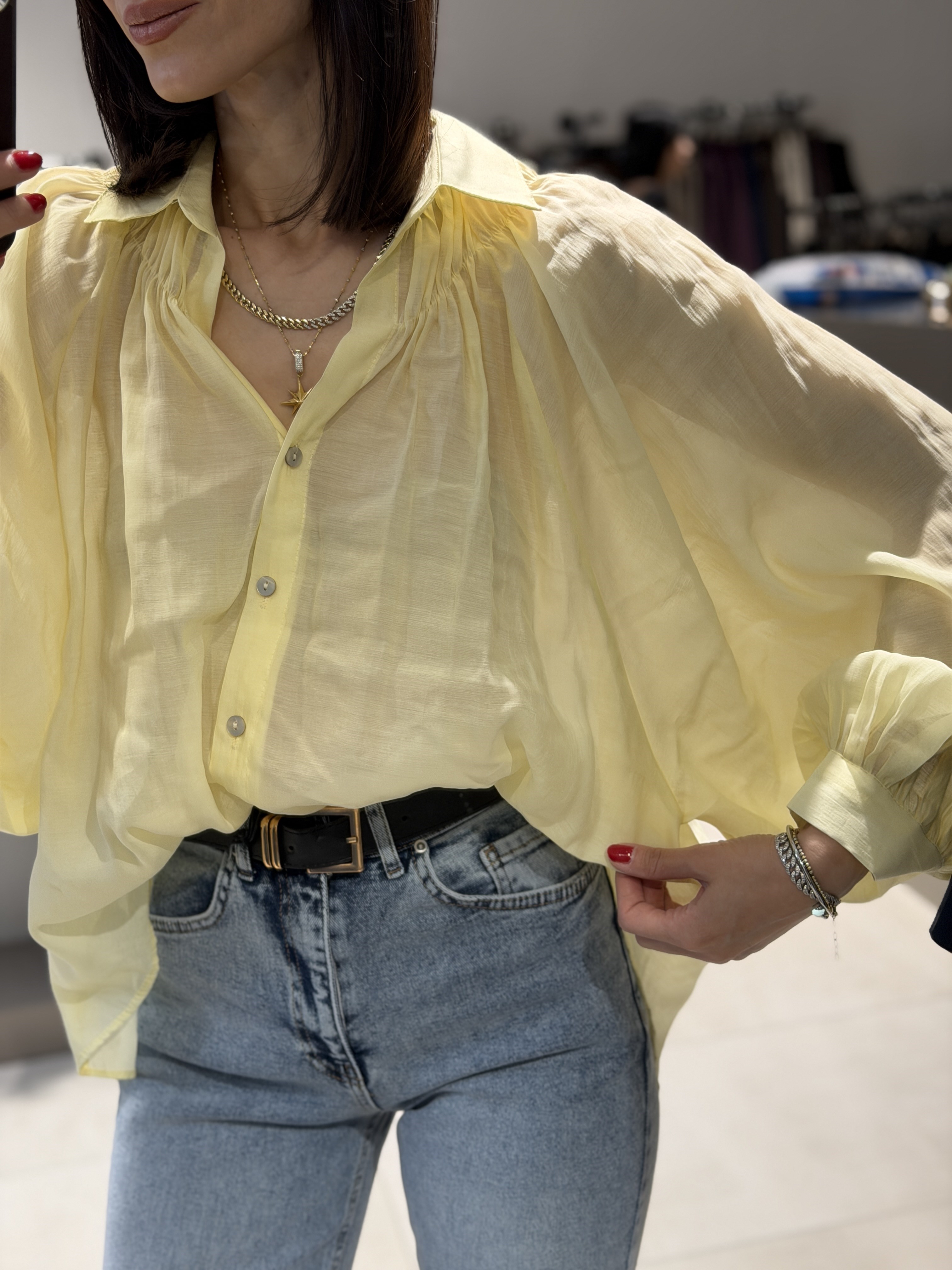 Transparan Balon Kol Tül Gömlek SARI