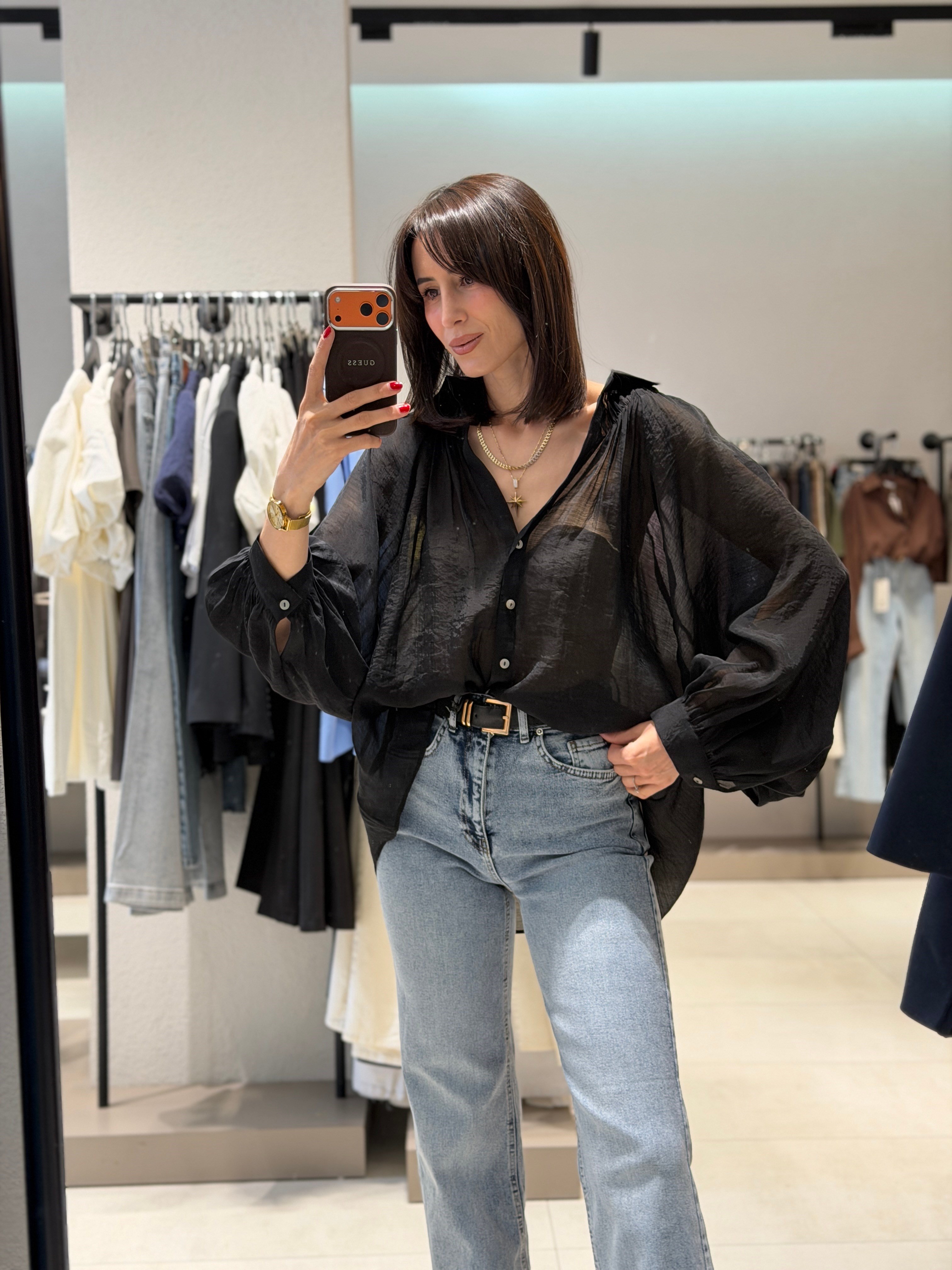 Transparan Balon Kol Tül Gömlek SİYAH