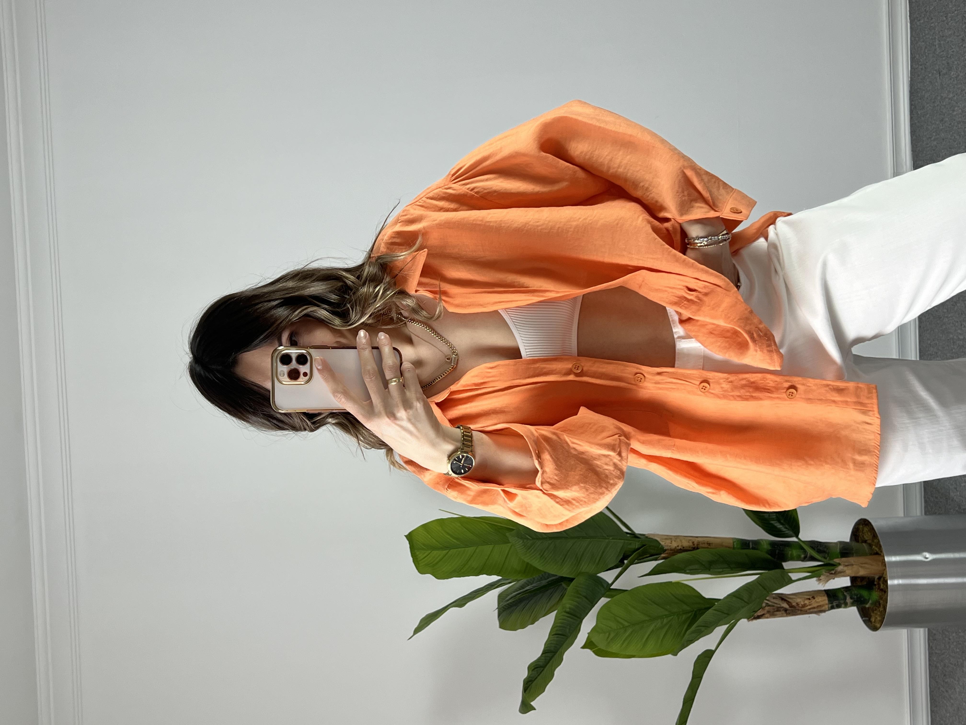 Turuncu Düşük Omuz Tensel Gömlek