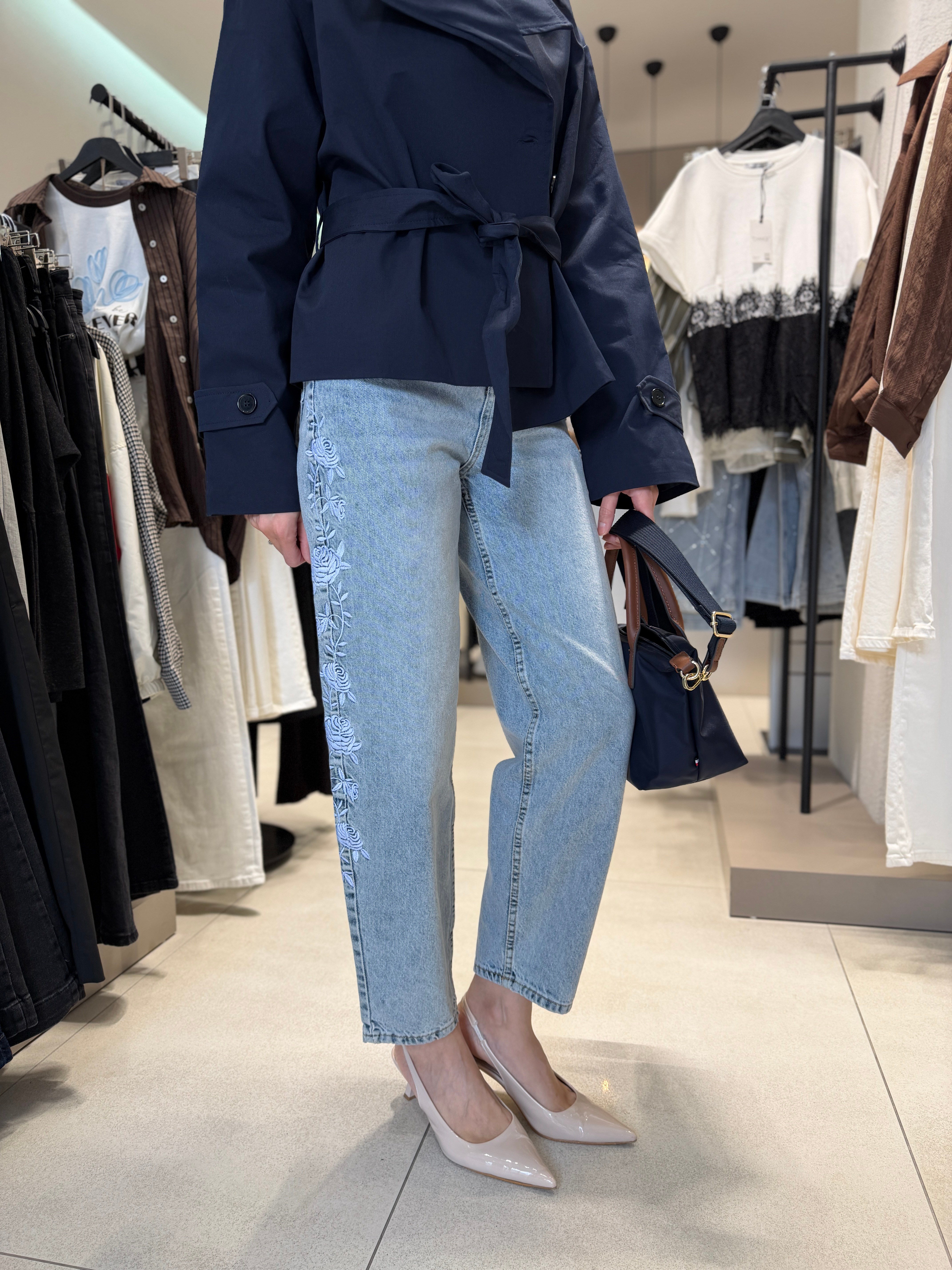 Yanı Nakışlı Mom Jean MAVİ