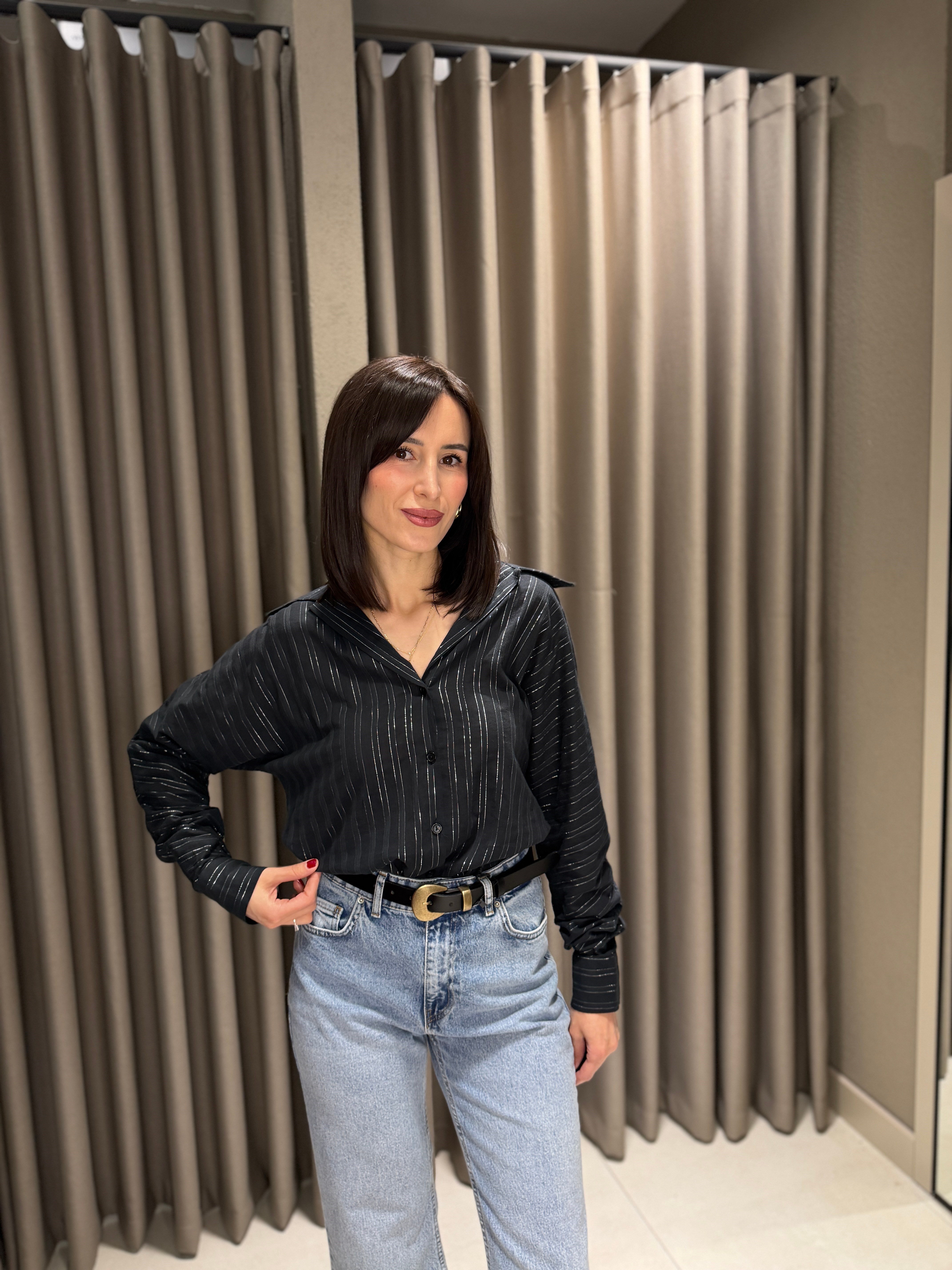 Yarasa Kol Çizgili Gömlek SİYAH