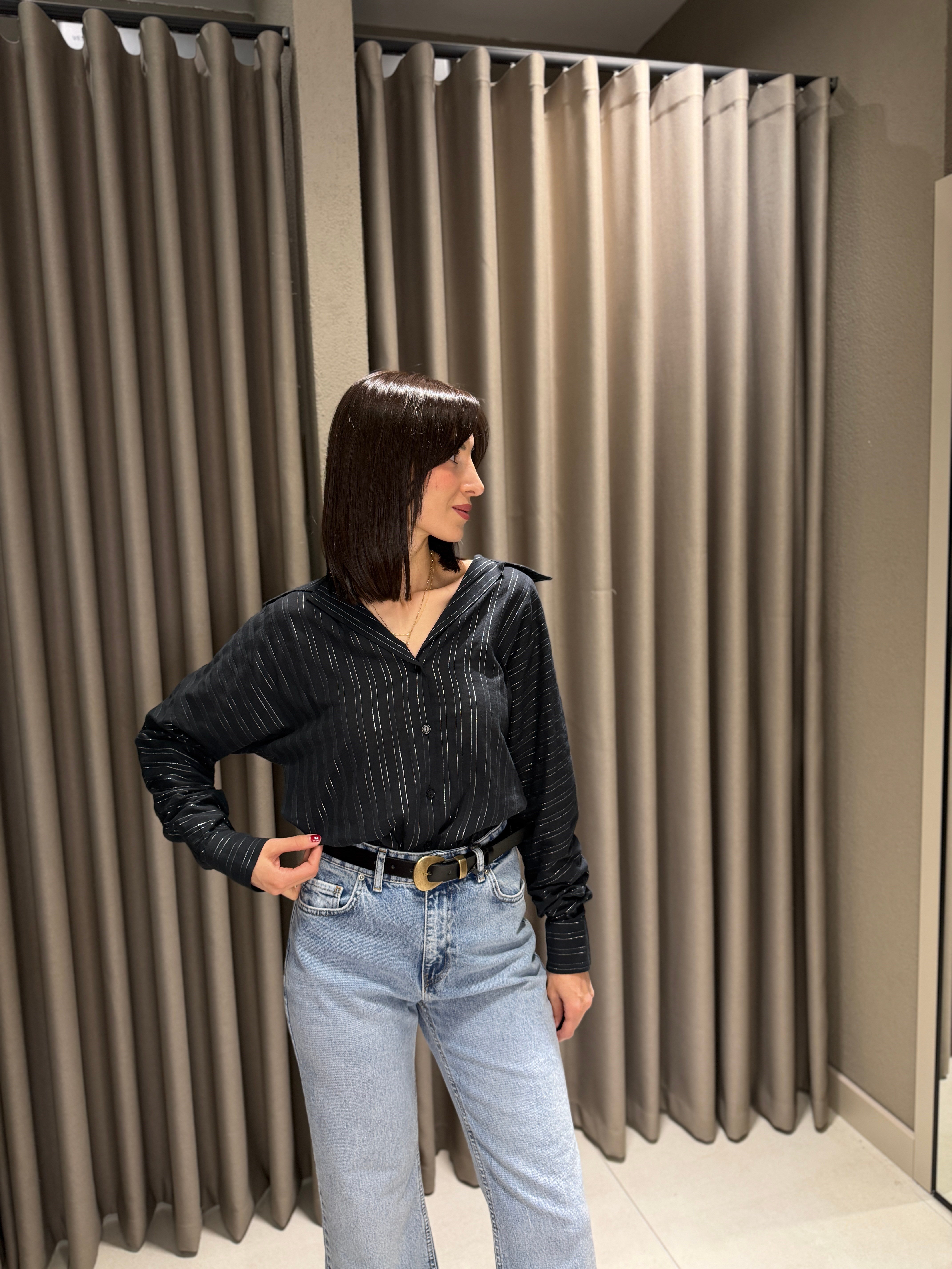 Yarasa Kol Çizgili Gömlek SİYAH