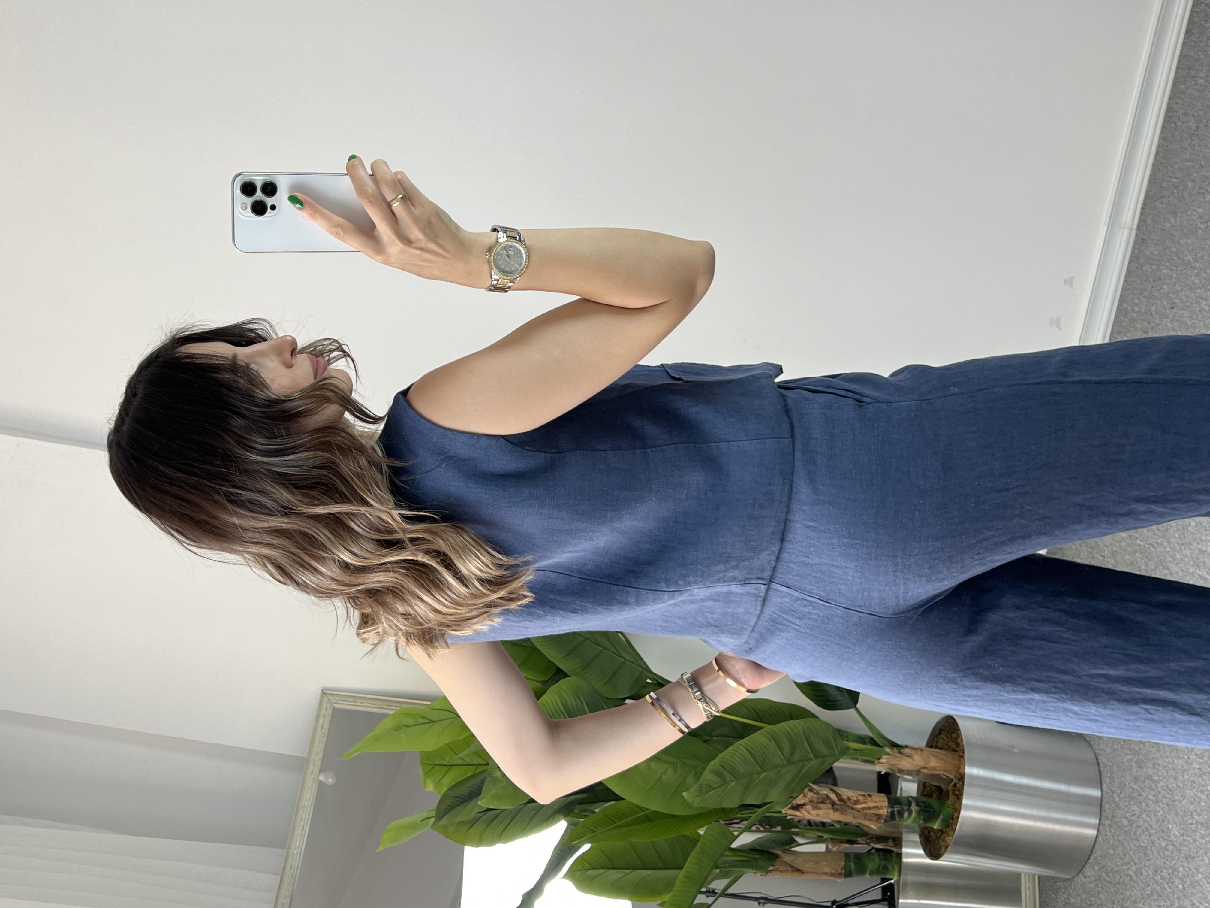 Yelekli Lacivert Ham Keten Takım 