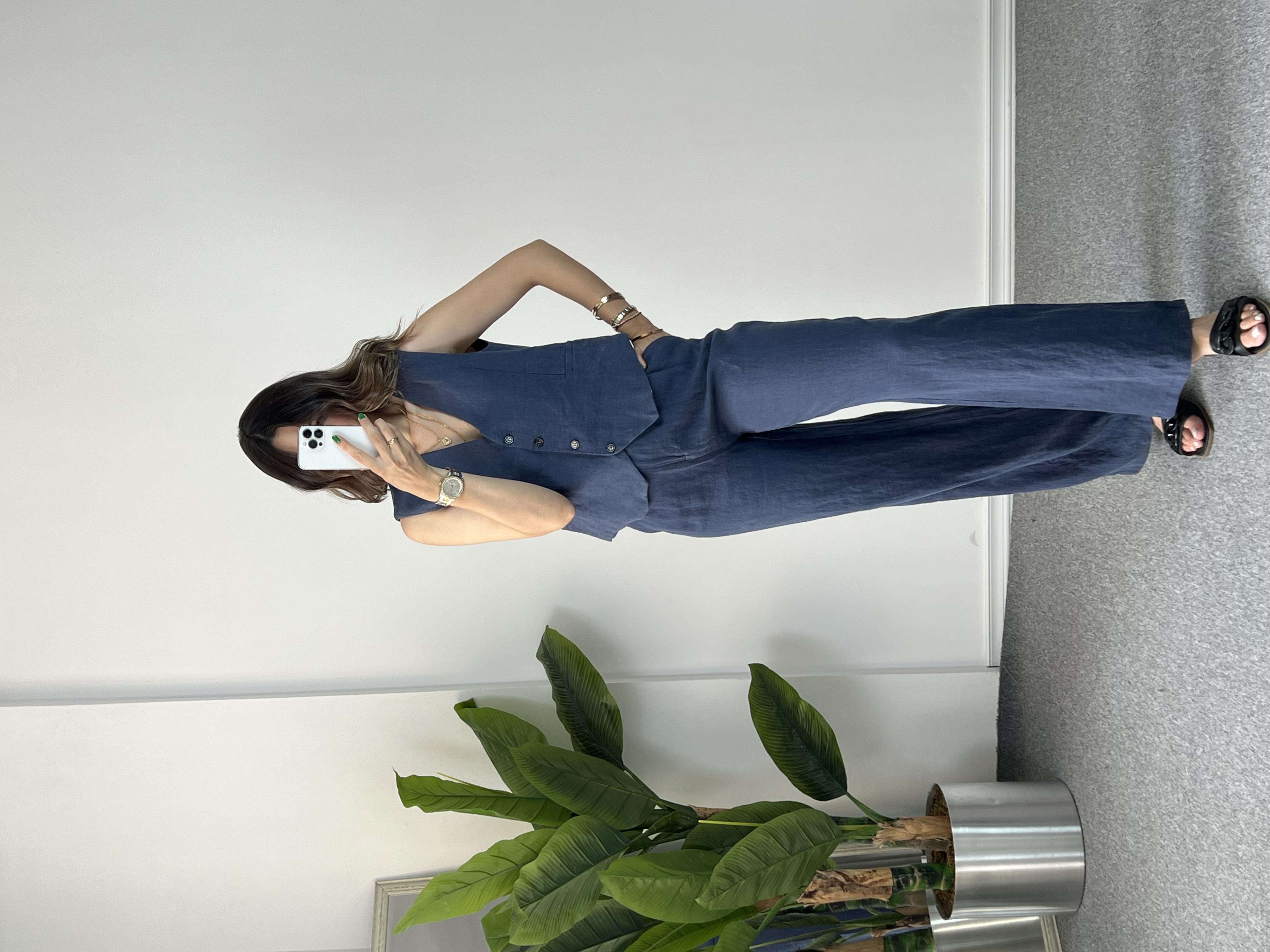 Yelekli Lacivert Ham Keten Takım 