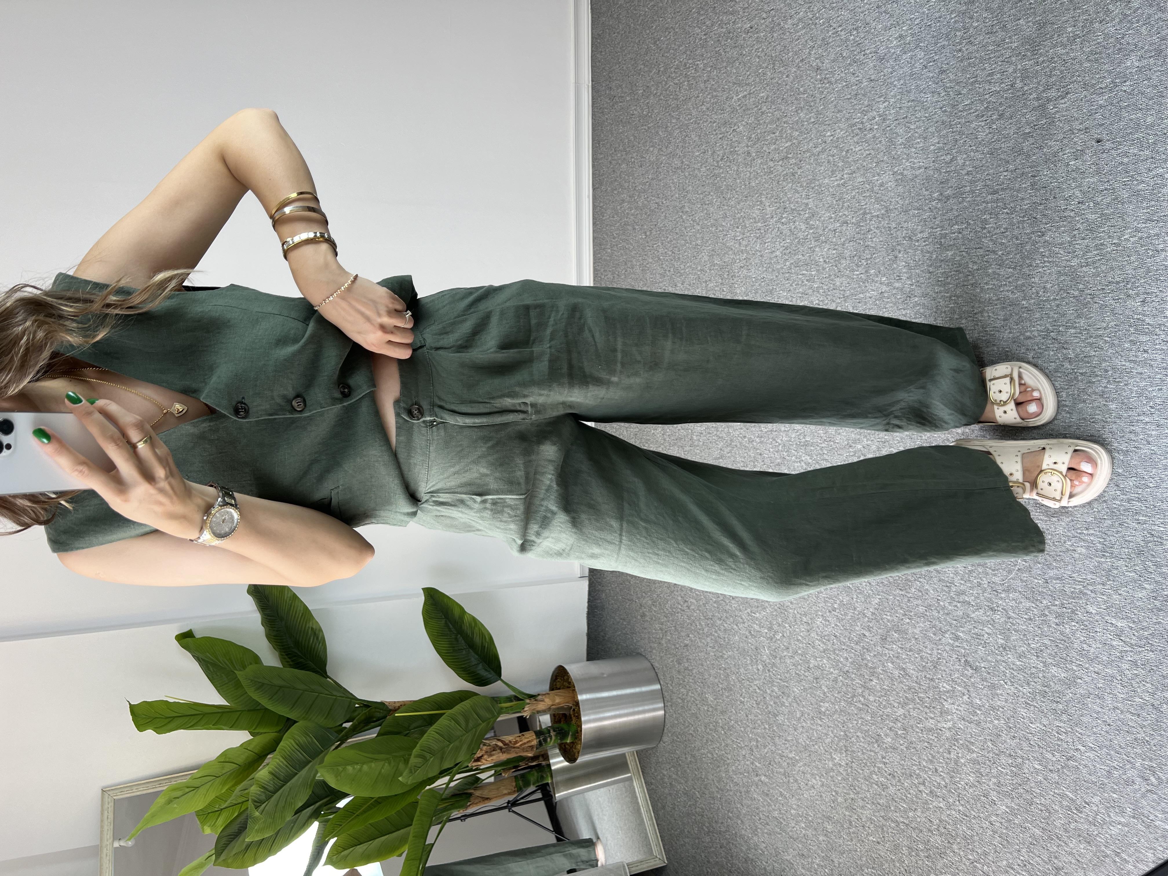 Yelekli Yeşil Ham Keten Takım 