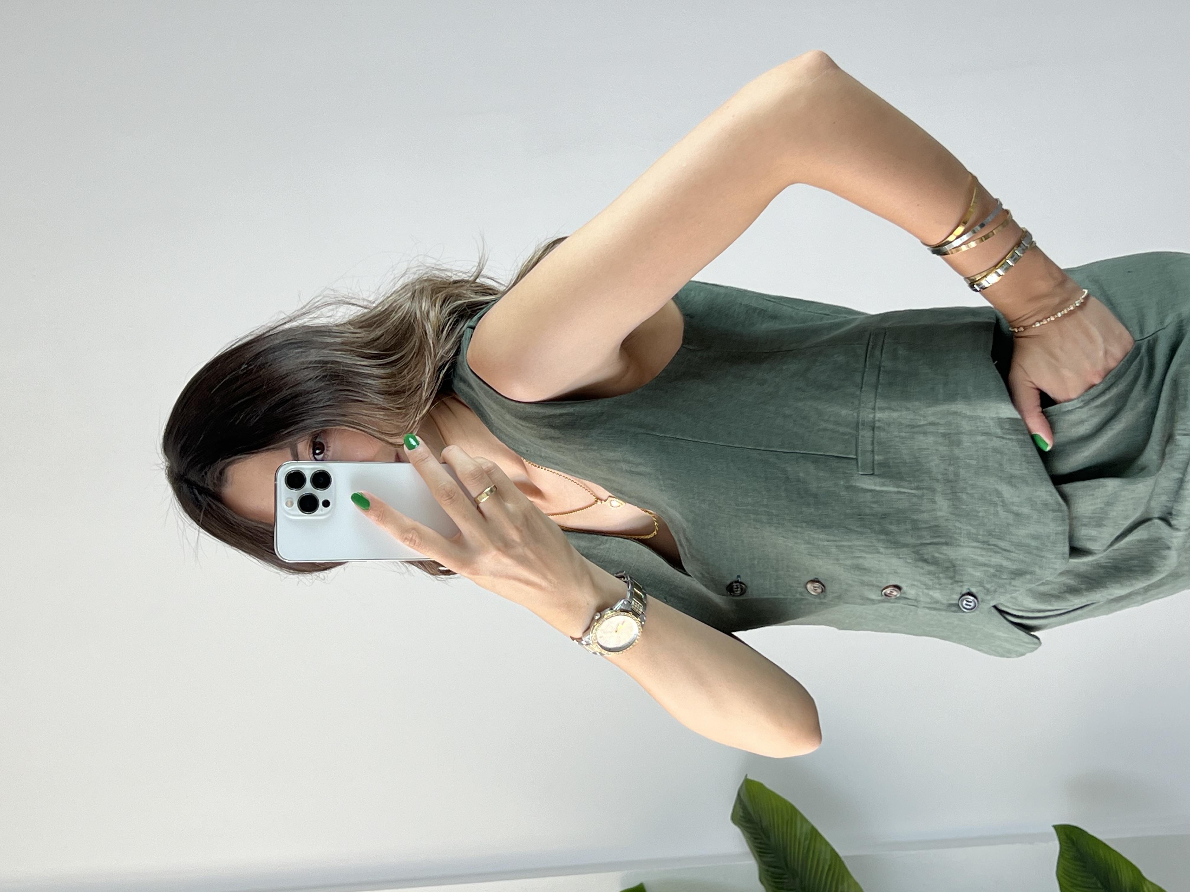 Yelekli Yeşil Ham Keten Takım 