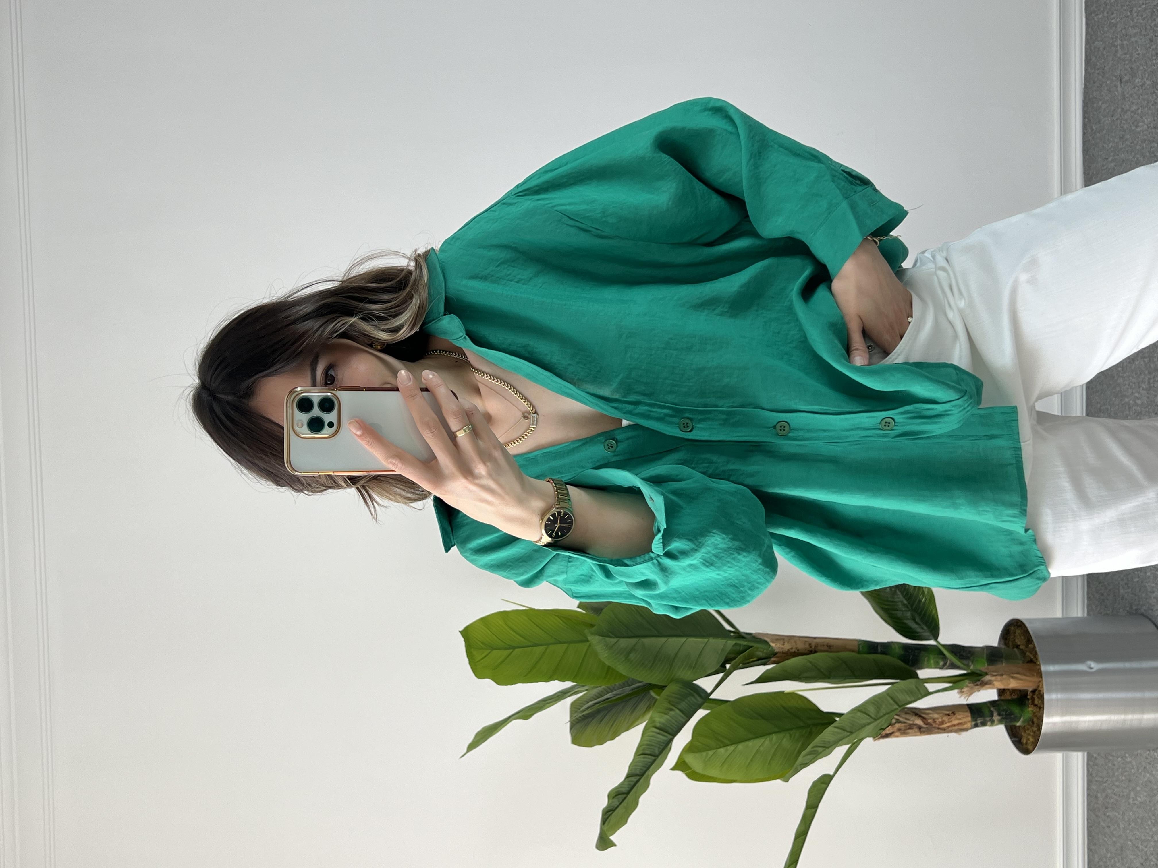 Yeşil Düşük Omuz Tensel Gömlek