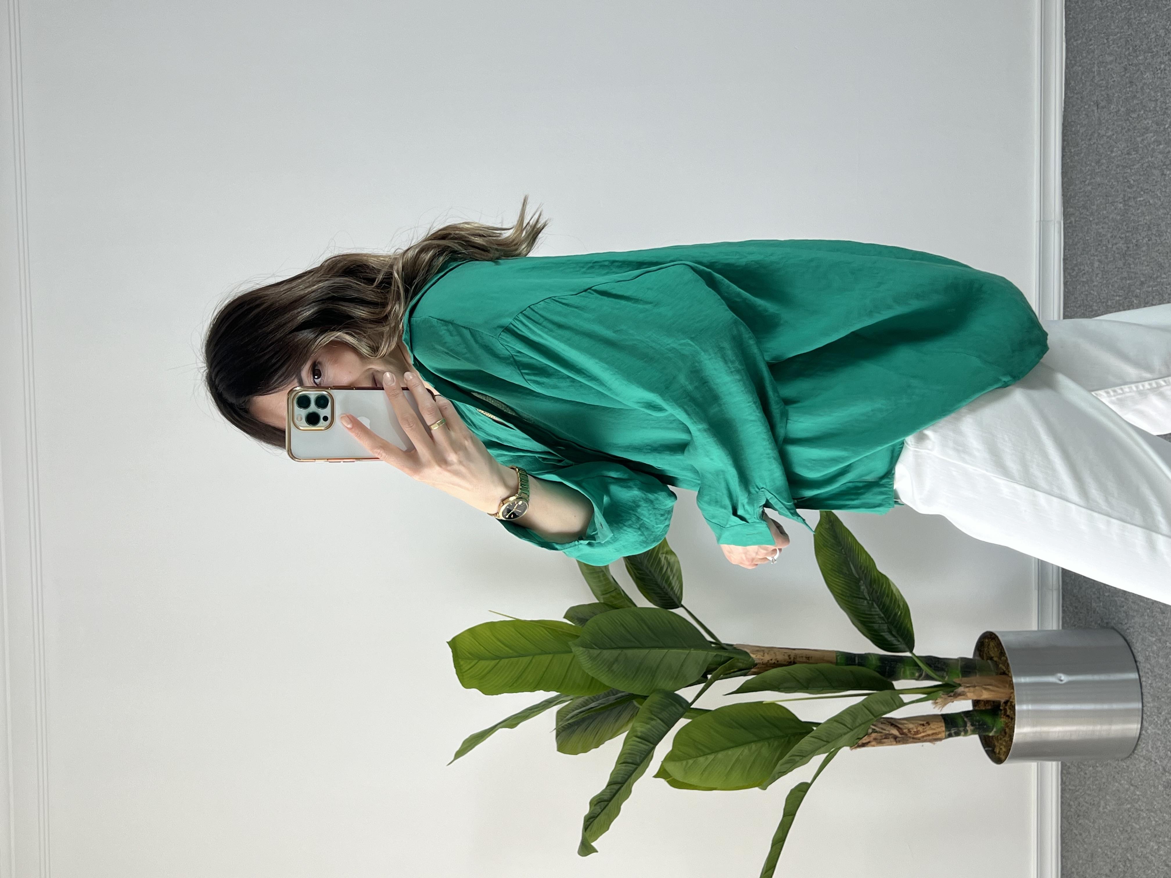 Yeşil Düşük Omuz Tensel Gömlek