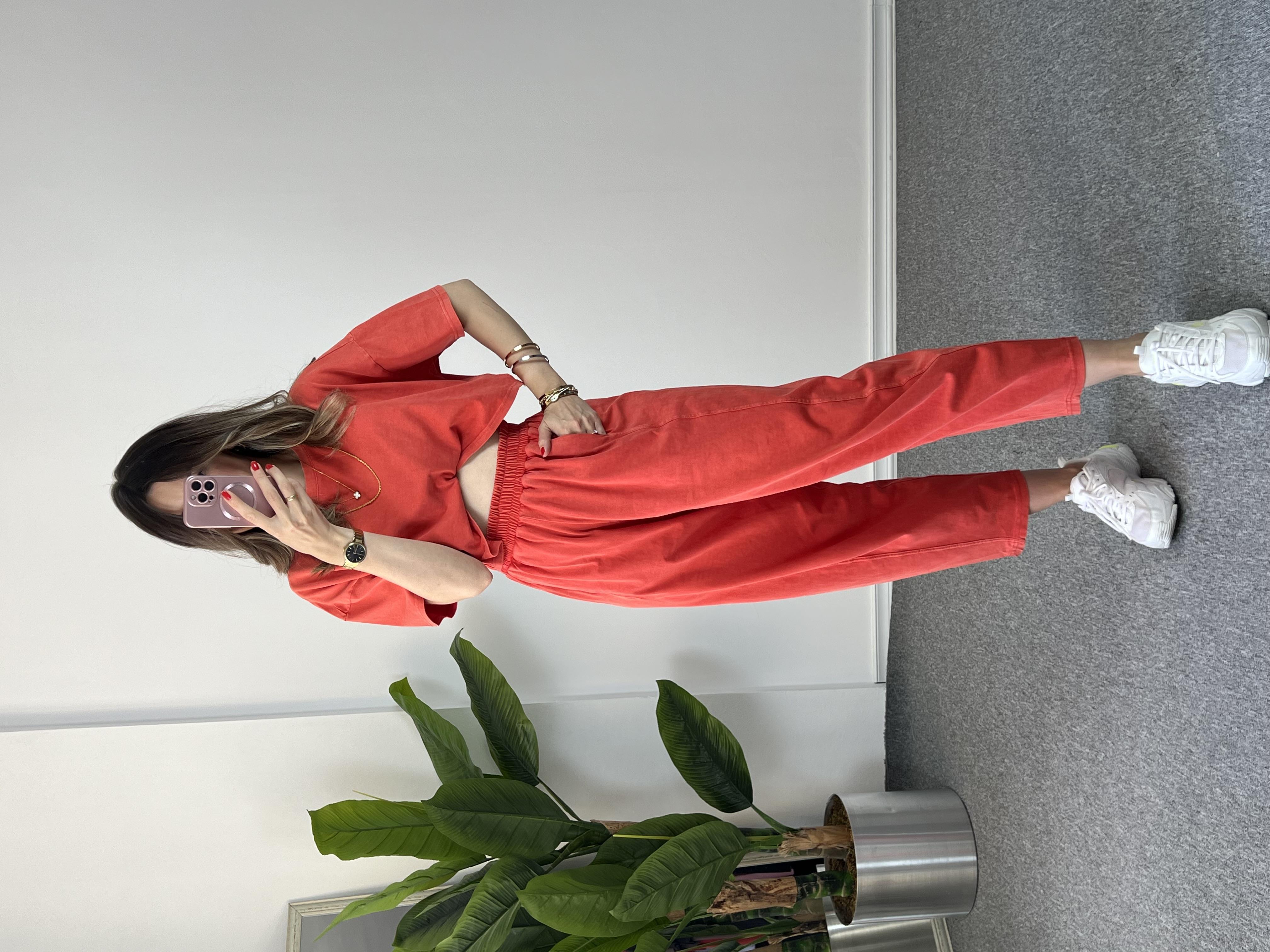 Yıkamalı Kırmızı Crop Takım