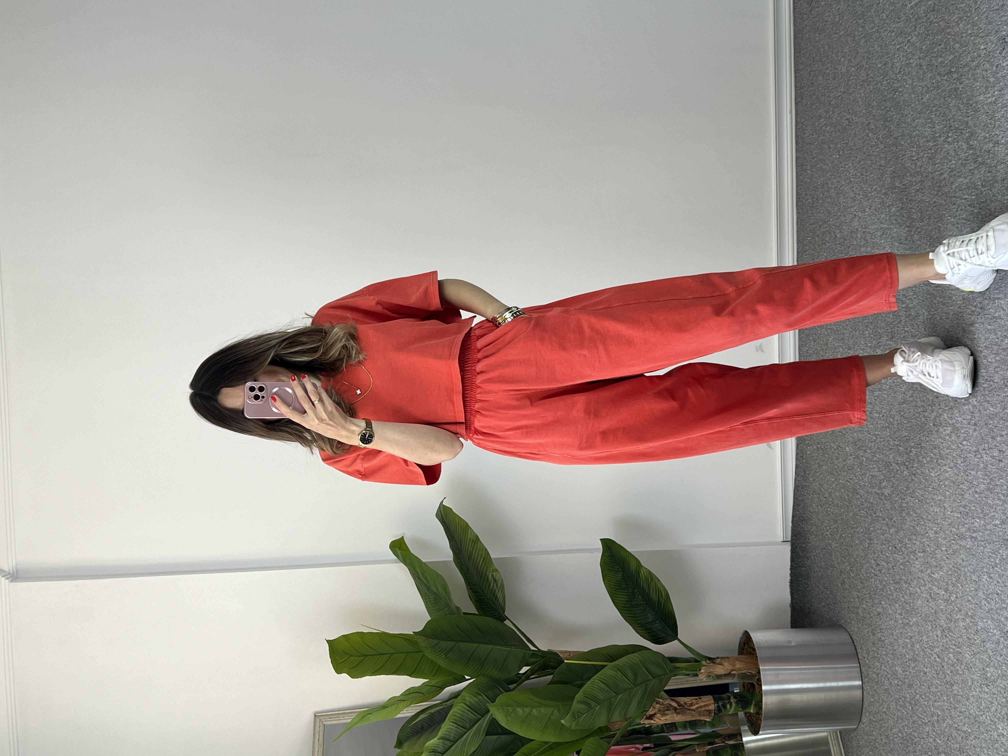 Yıkamalı Kırmızı Crop Takım