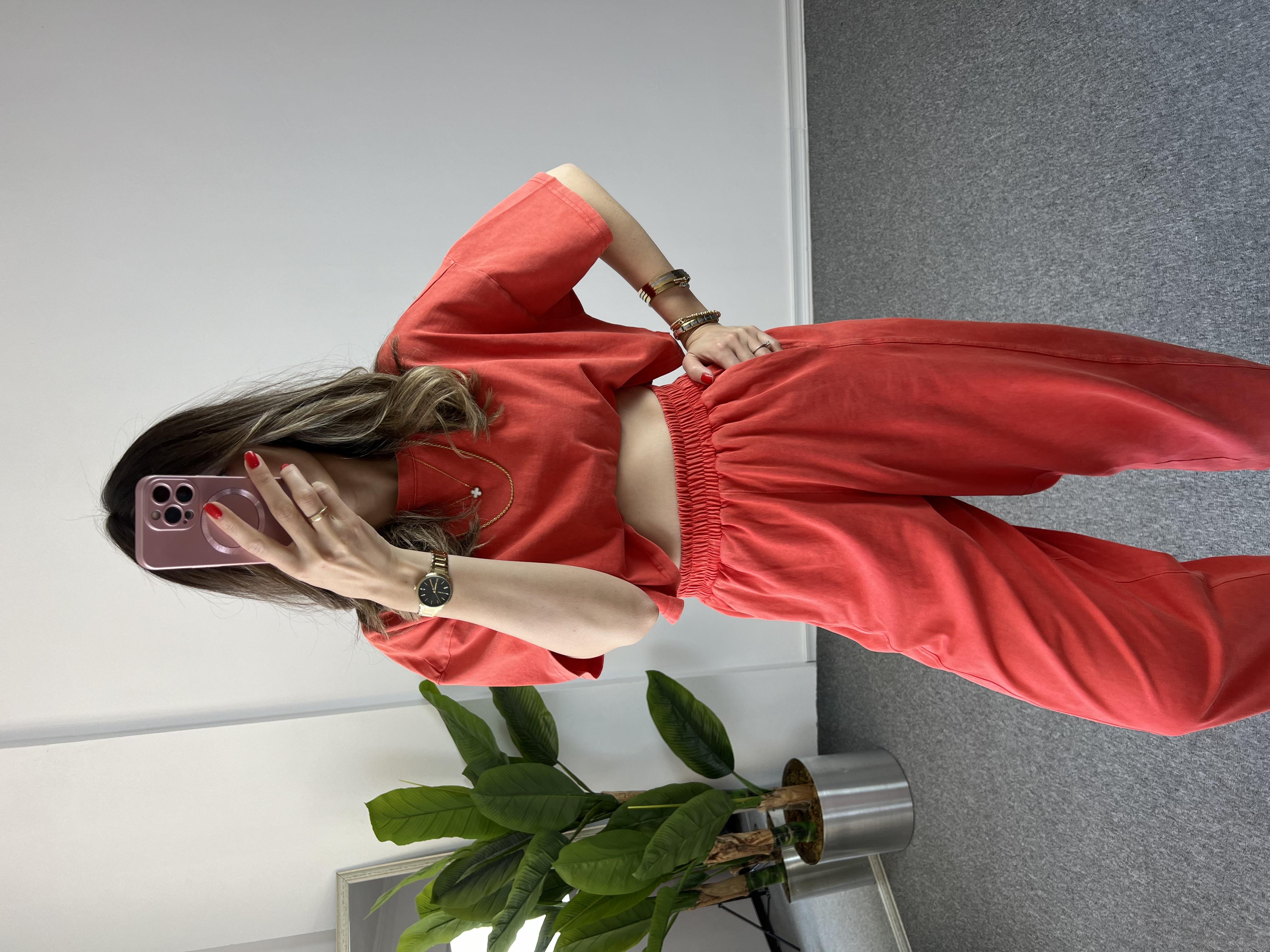 Yıkamalı Kırmızı Crop Takım